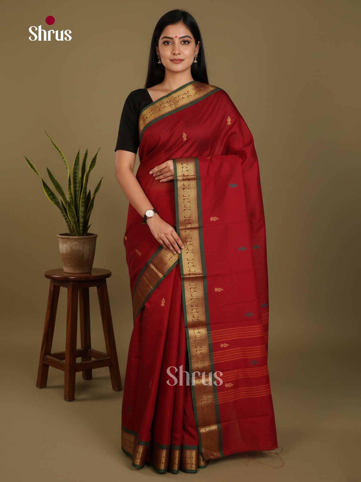 Maroon & Green  - Chettinad Mix Cotton-Without Blouse Saree- DLS06056 - Shop on Shrus.com