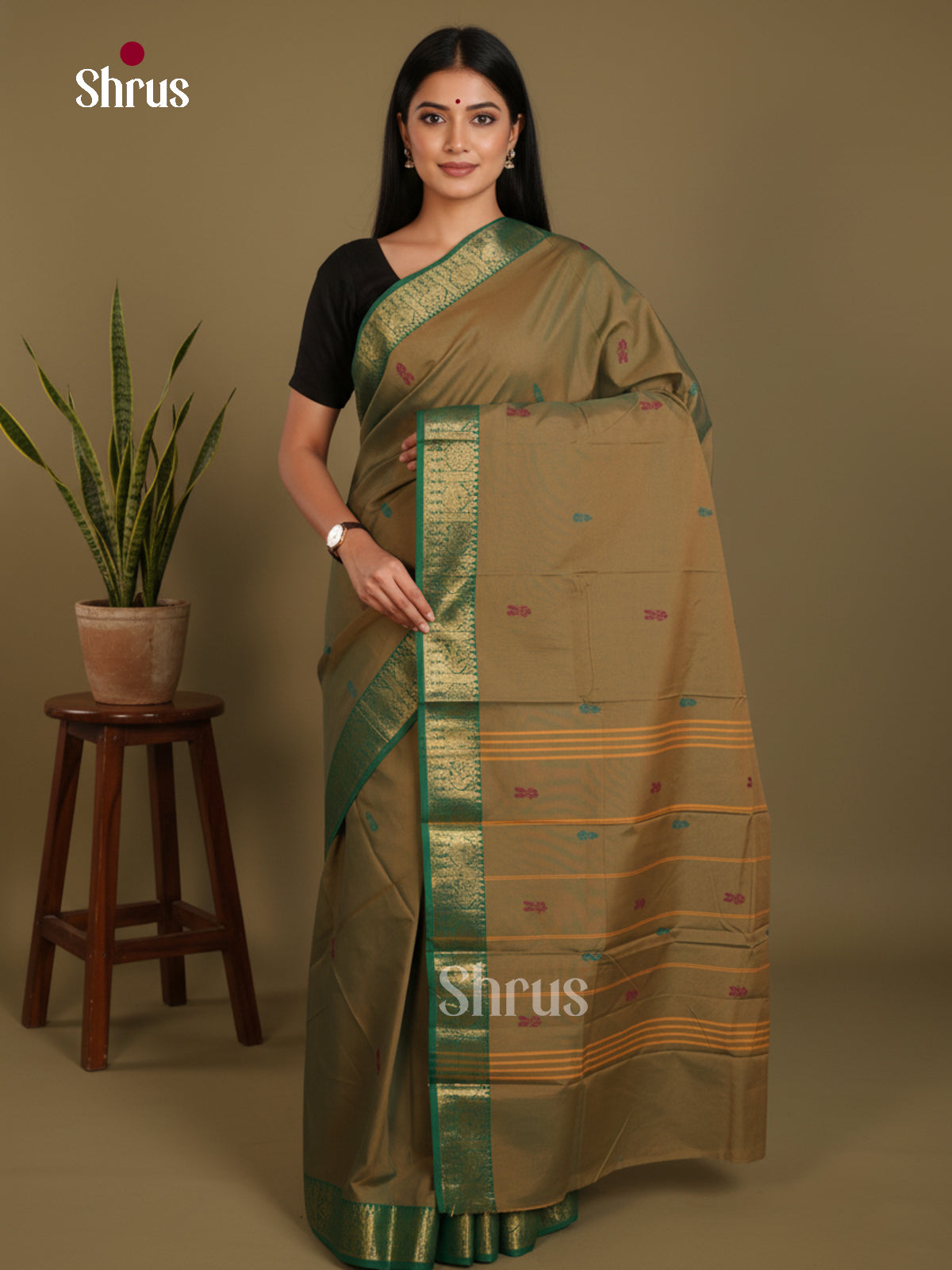 Chutney Green & Green  - Chettinad Mix Cotton-Without Blouse Saree- DLS06060 - Shop on Shrus.com