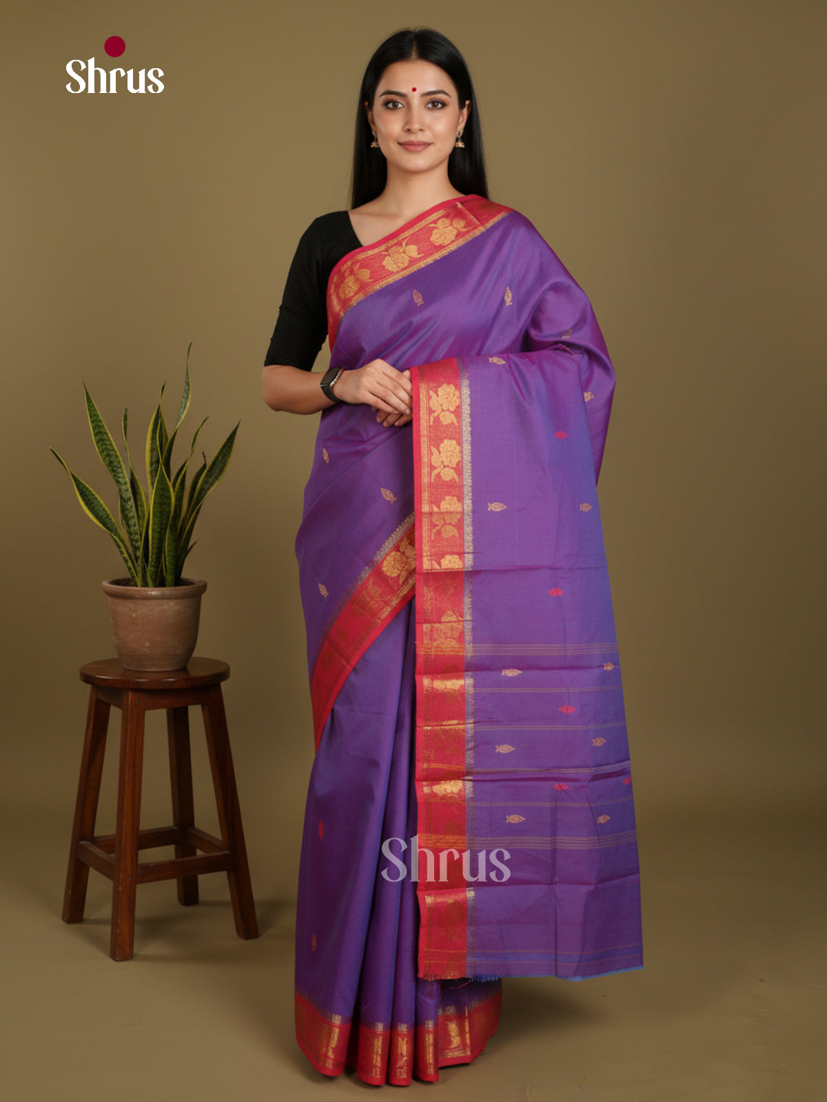 Purple & Red  - Chettinad Mix Cotton-Without Blouse Saree- DLS06065 - Shop on Shrus.com
