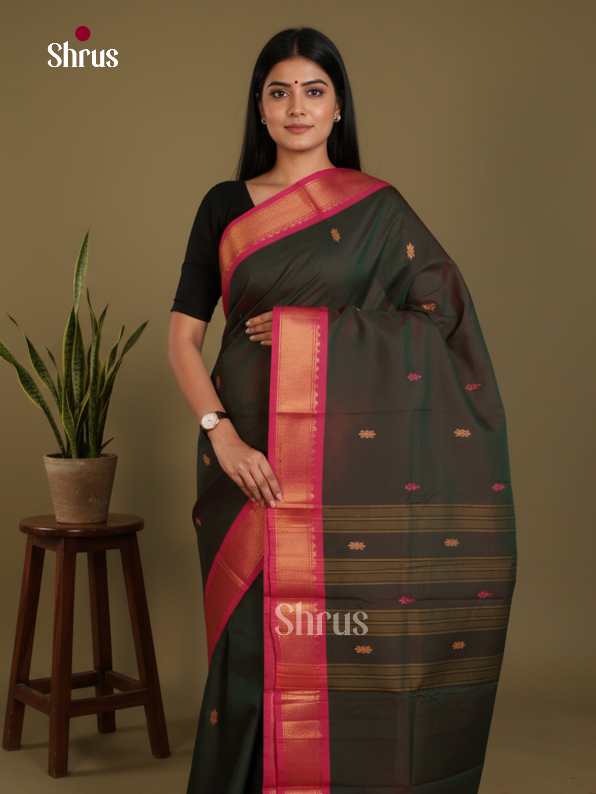 Dark Green & Pink - Chettinad Mix Cotton-Without Blouse Saree-DLS06067 - Shop on Shrus.com
