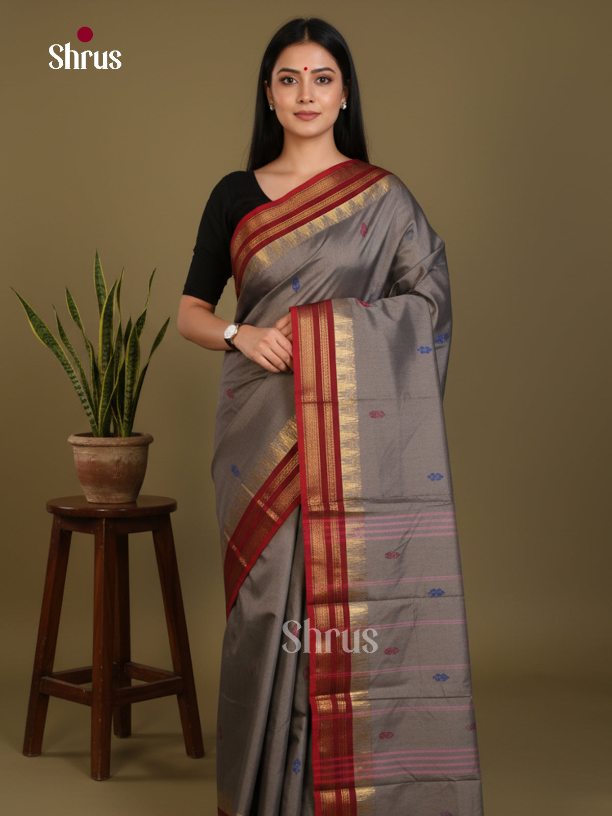 Grey & Maroon  - Chettinad Mix Cotton-Without Blouse Saree-DLS06085 - Shop on Shrus.com
