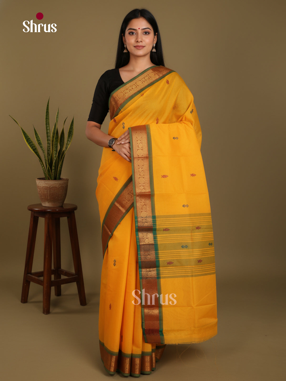 Yellow & Green  - Chettinad Mix Cotton-Without Blouse Saree- DLS06089 - Shop on Shrus.com