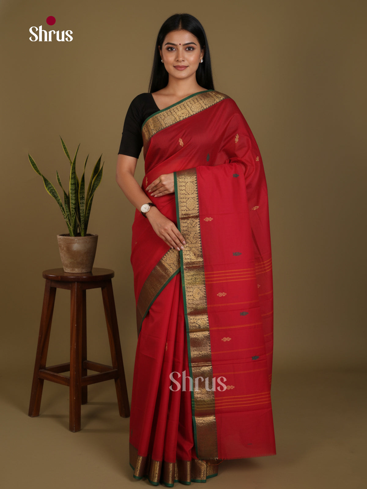 Bright Red & Green - Chettinad Mix Cotton-Without Blouse Saree- DLS06091 - Shop on Shrus.com