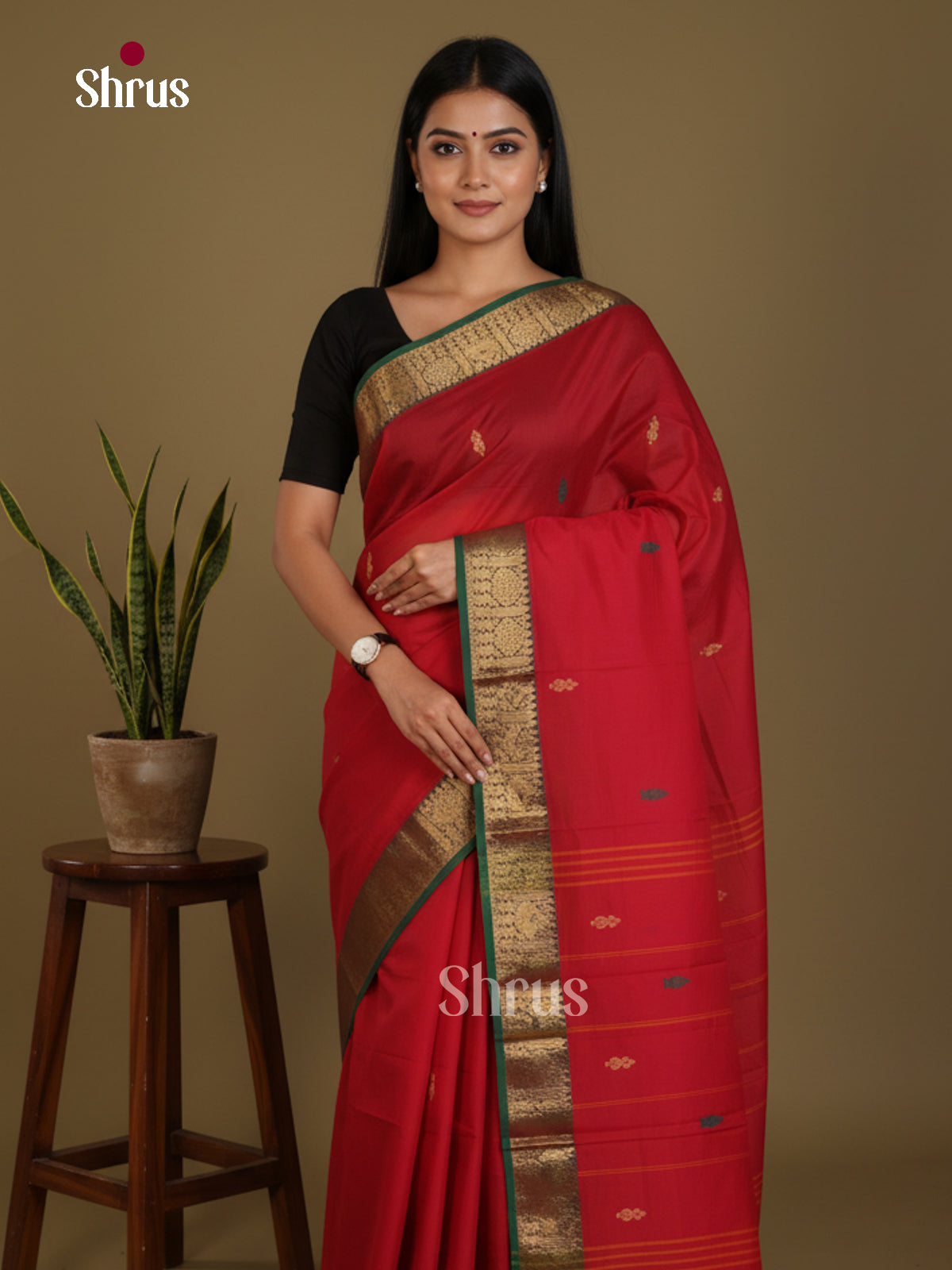 Bright Red & Green - Chettinad Mix Cotton-Without Blouse Saree- DLS06091 - Shop on Shrus.com