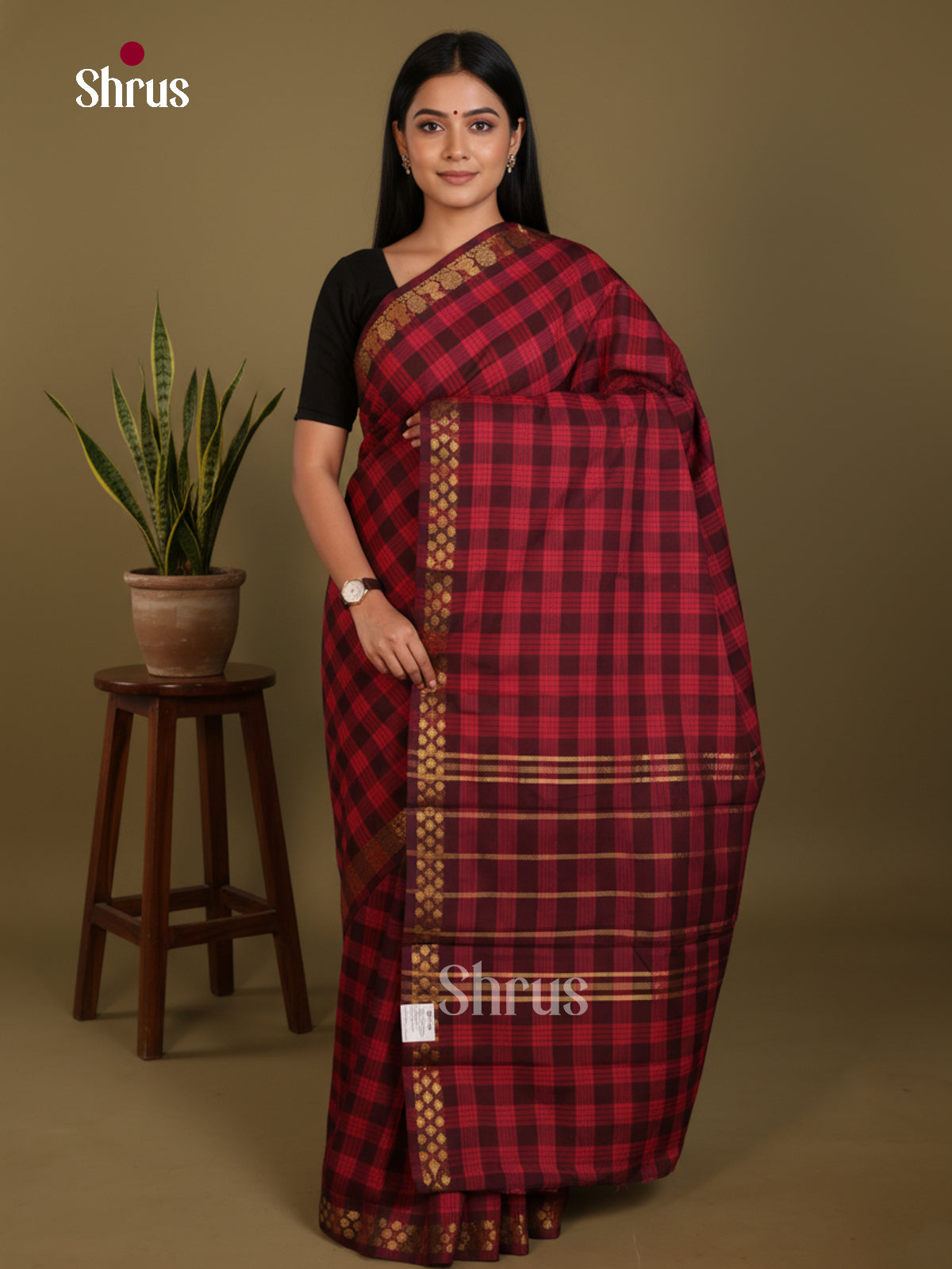 Red & Maroon  - Chettinad Mix Cotton-Without Blouse Saree- DLS06099 - Shop on Shrus.com