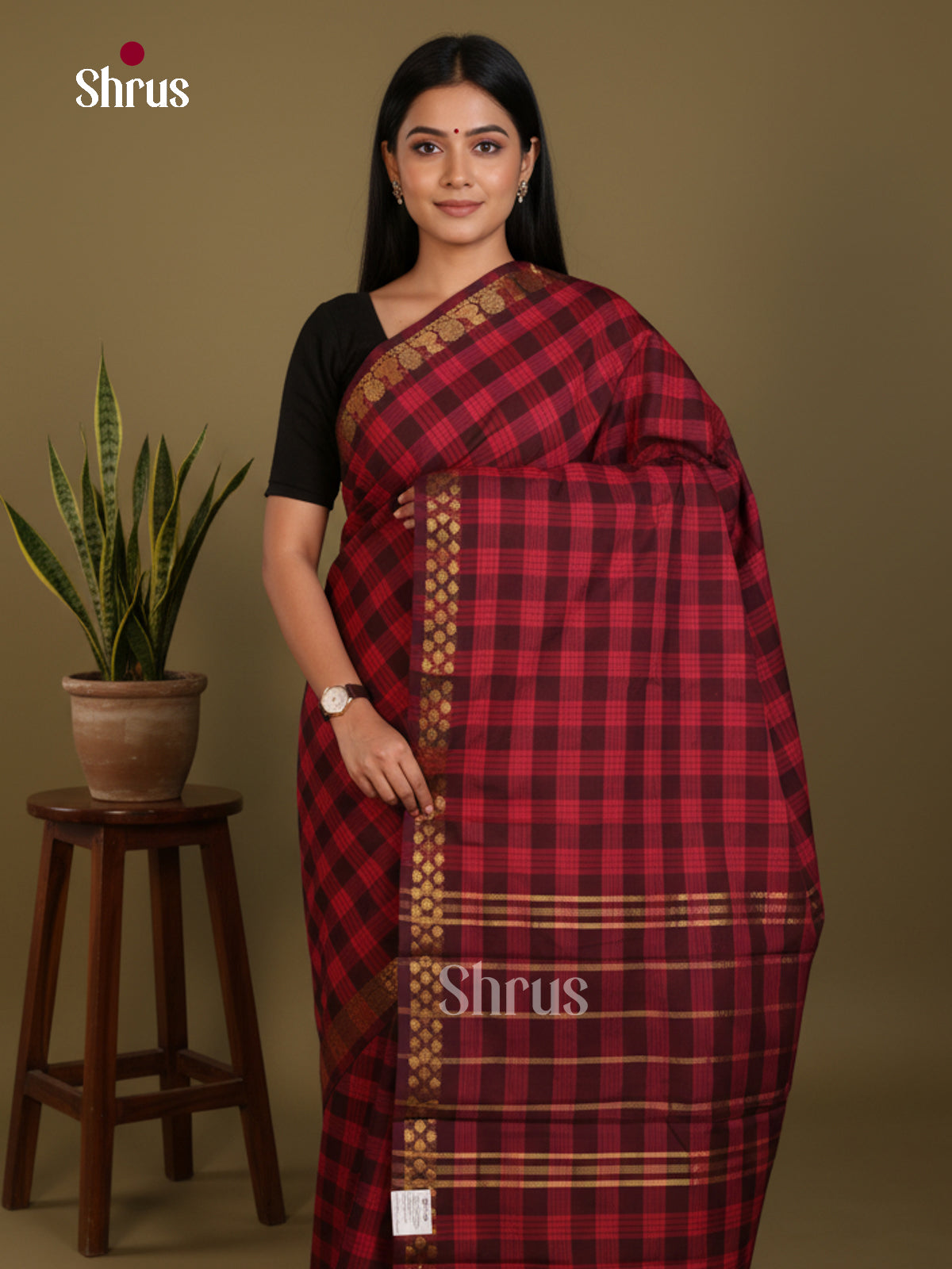 Red & Maroon  - Chettinad Mix Cotton-Without Blouse Saree- DLS06099 - Shop on Shrus.com