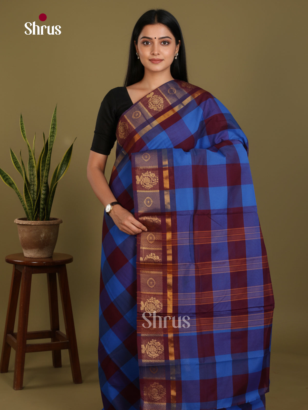 Blue & Maroon - Chettinad Mix Cotton-Without Blouse Saree- DLS06105 - Shop on Shrus.com