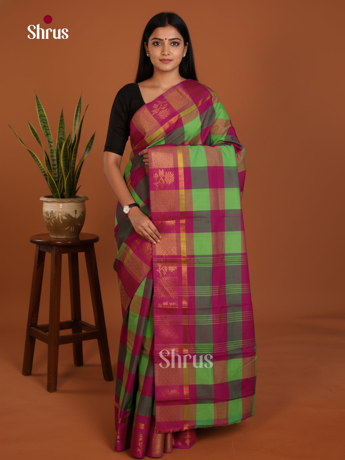Green & maroon  - Chettinad Mix Cotton-Without Blouse Saree- DLS06108 - Shop on Shrus.com