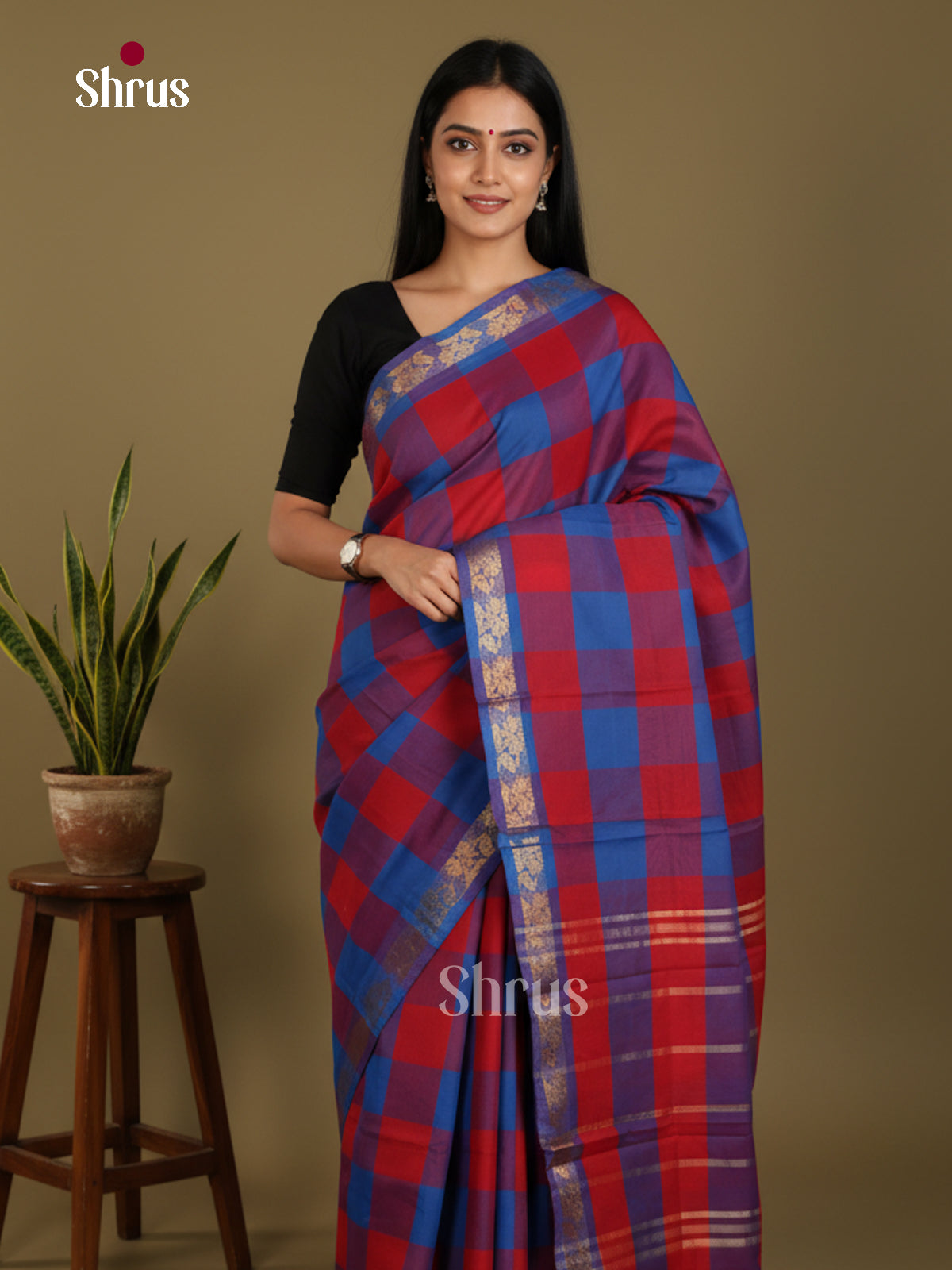 Red & Blue  - Chettinad Mix Cotton-Without Blouse Saree- DLS06111 - Shop on Shrus.com