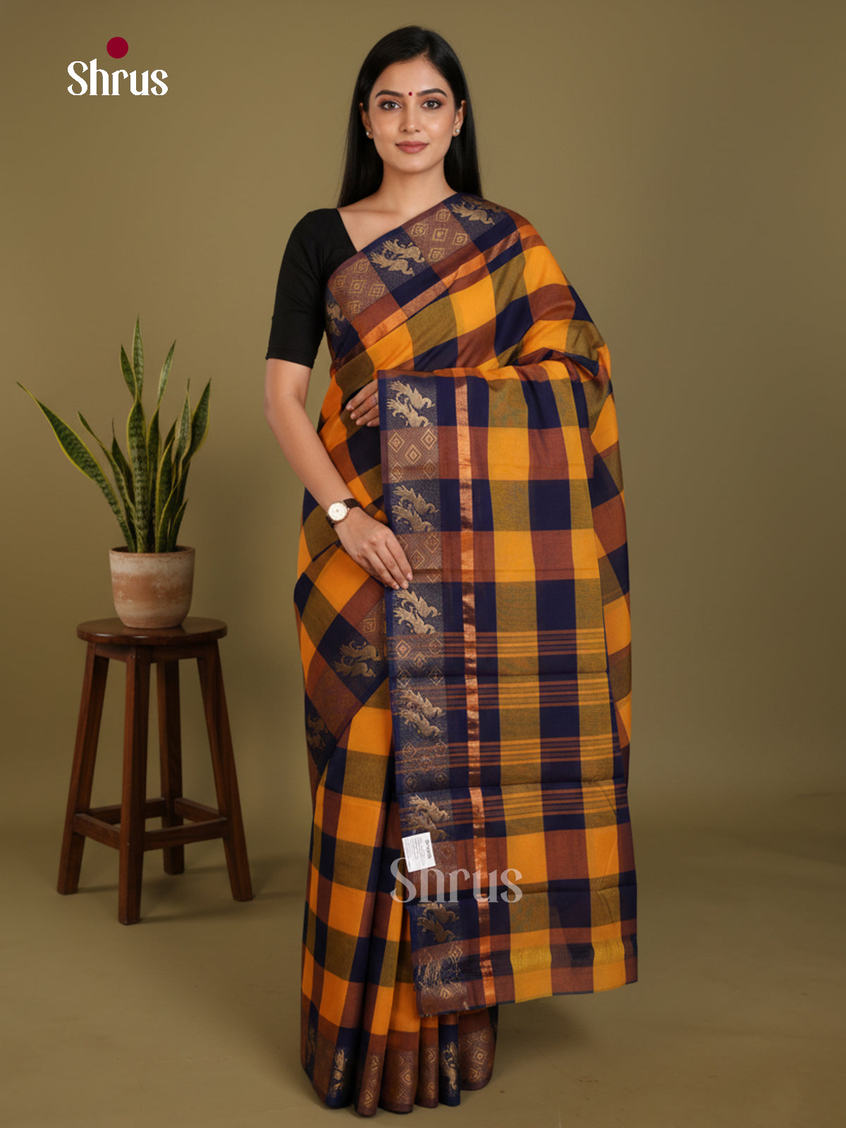 Mustard & Blue - DLS06114 - Chettinad Mix Cotton-Without Blouse Saree - Shop on Shrus.com