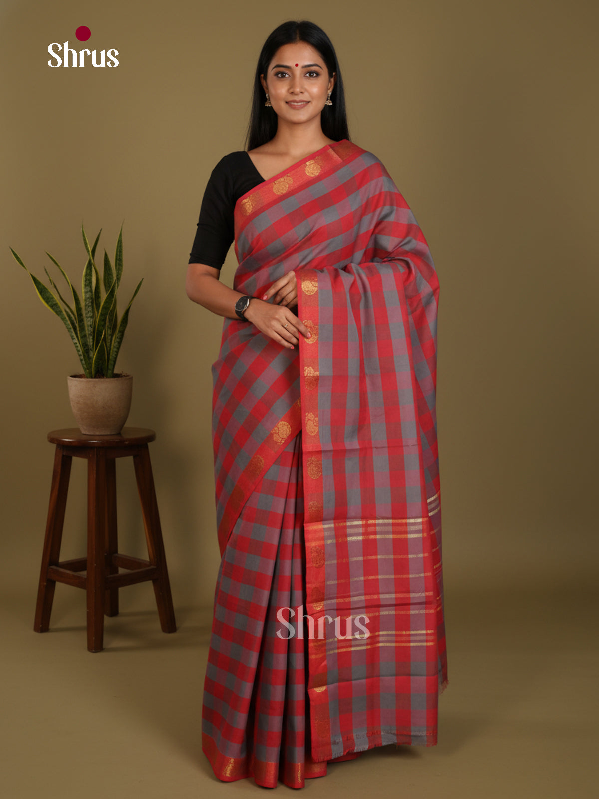 Red & Grey  - Chettinad Mix Cotton-Without Blouse Saree- DLS06116 - Shop on Shrus.com