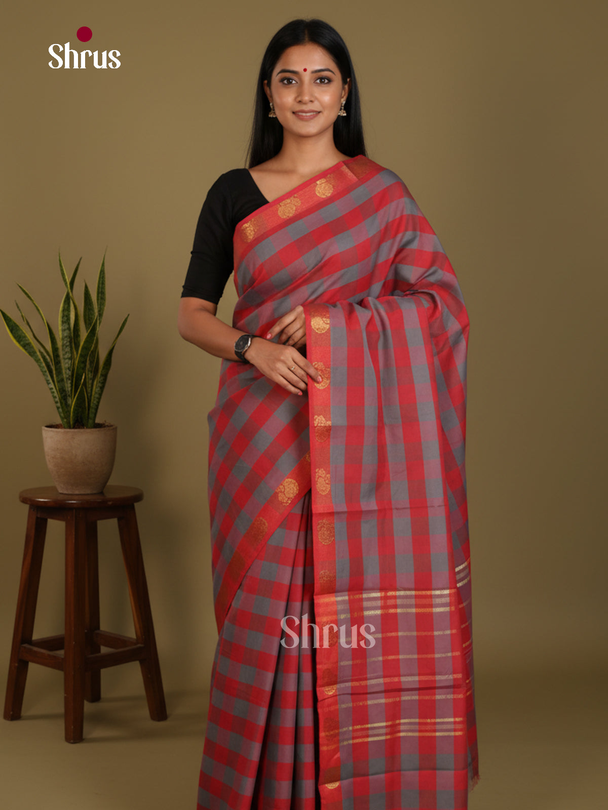 Red & Grey  - Chettinad Mix Cotton-Without Blouse Saree- DLS06116 - Shop on Shrus.com