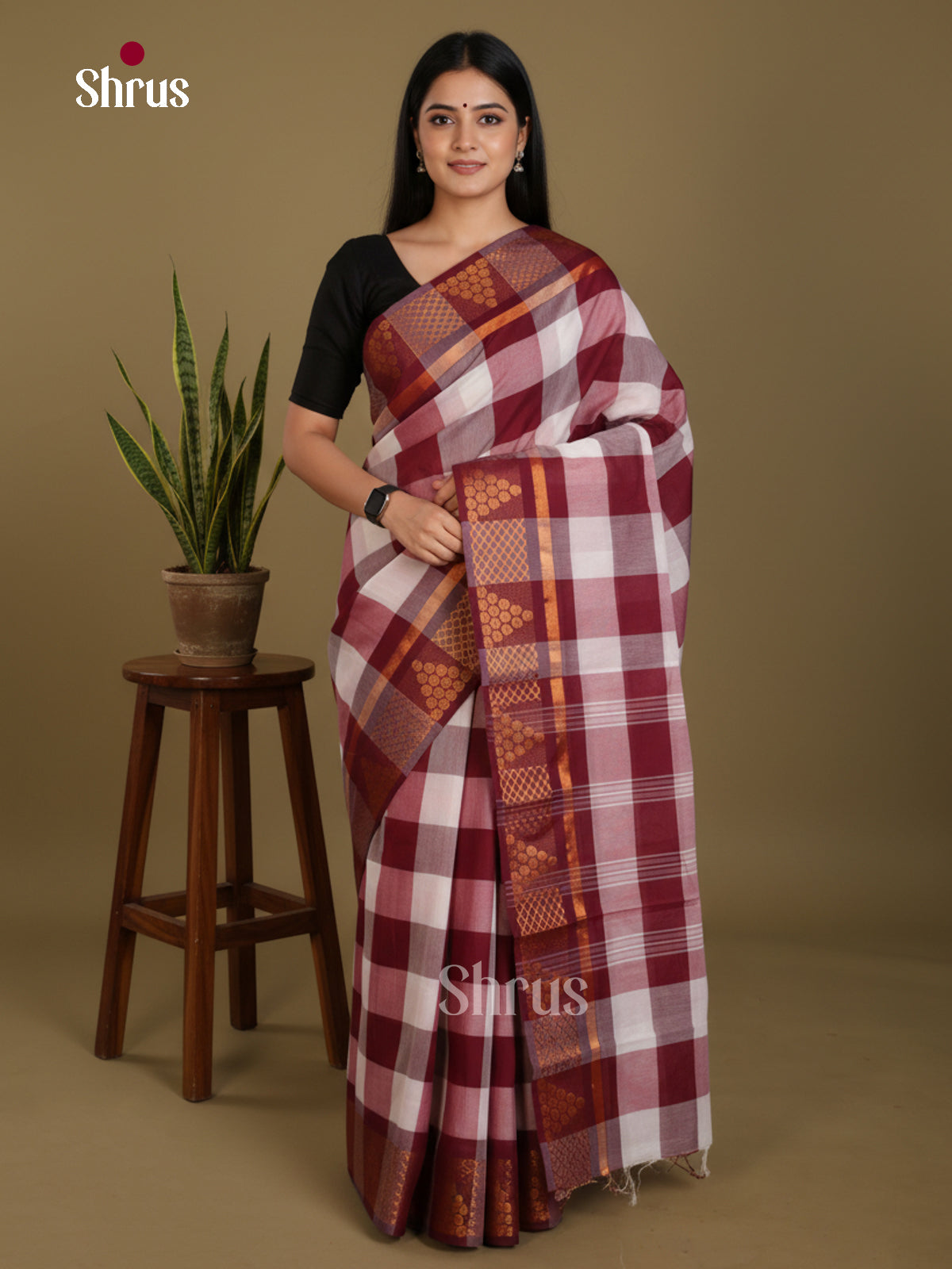 White & Maroon - DLS06122 - Chettinad Mix Cotton-Without Blouse Saree - Shop on Shrus.com