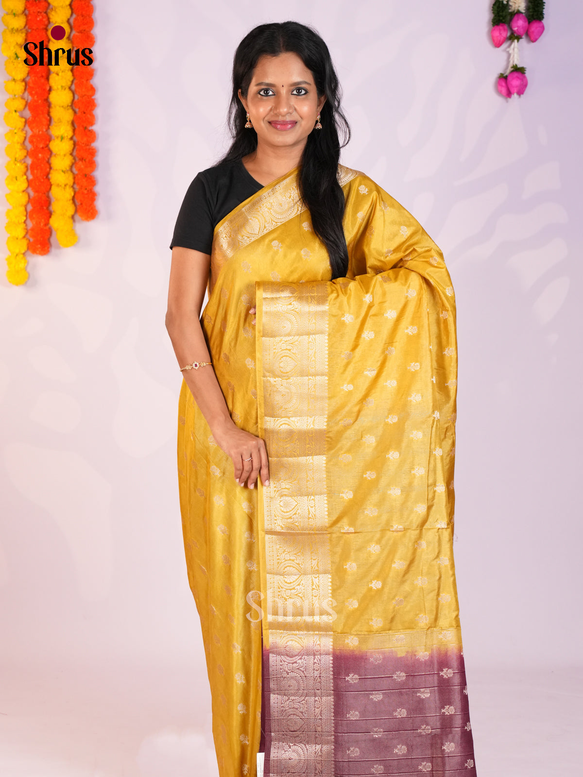 Yellow & Maroon  - North Silk Cotton Saree-DLS06166