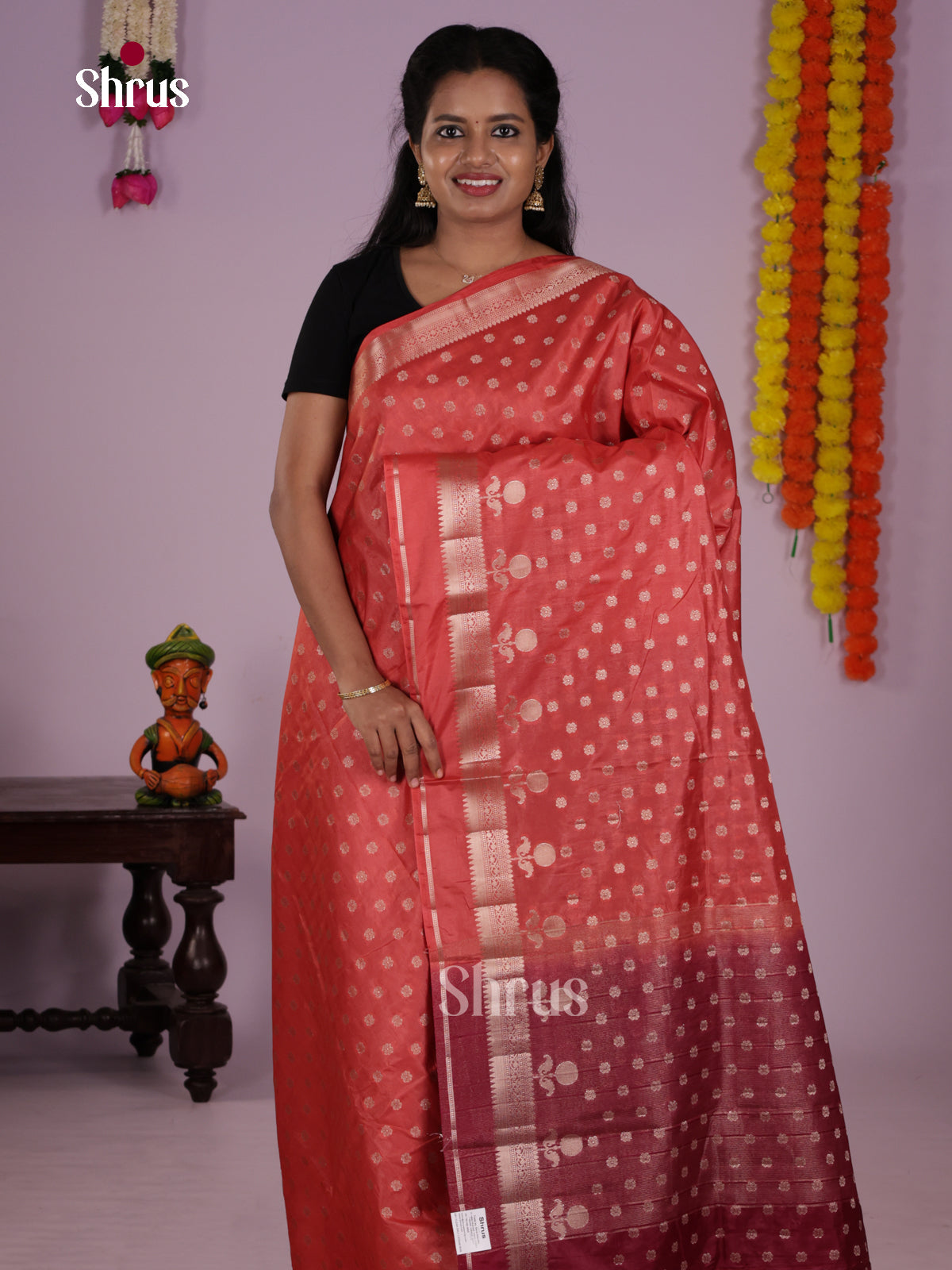 Orangish Pink & maroon- North Silk Cotton Saree - DLS06172