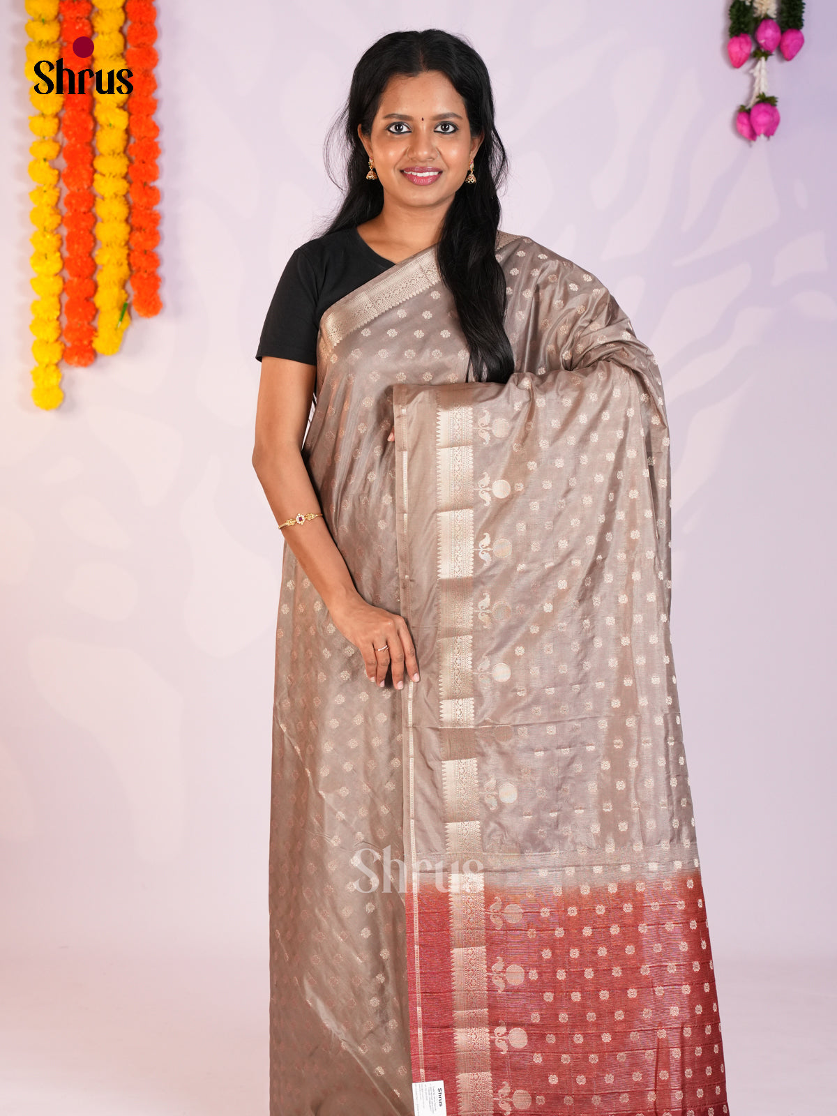 Grey & Red  - North Silk Cotton Saree- DLS06180