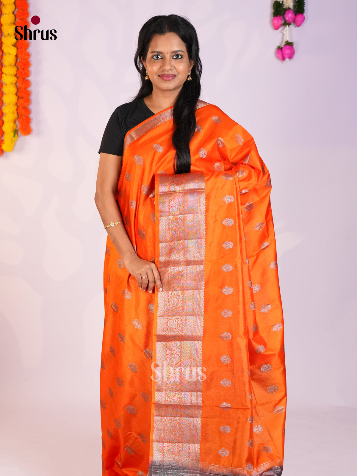 Orange & Black - North Silk Cotton Saree- DLS06219