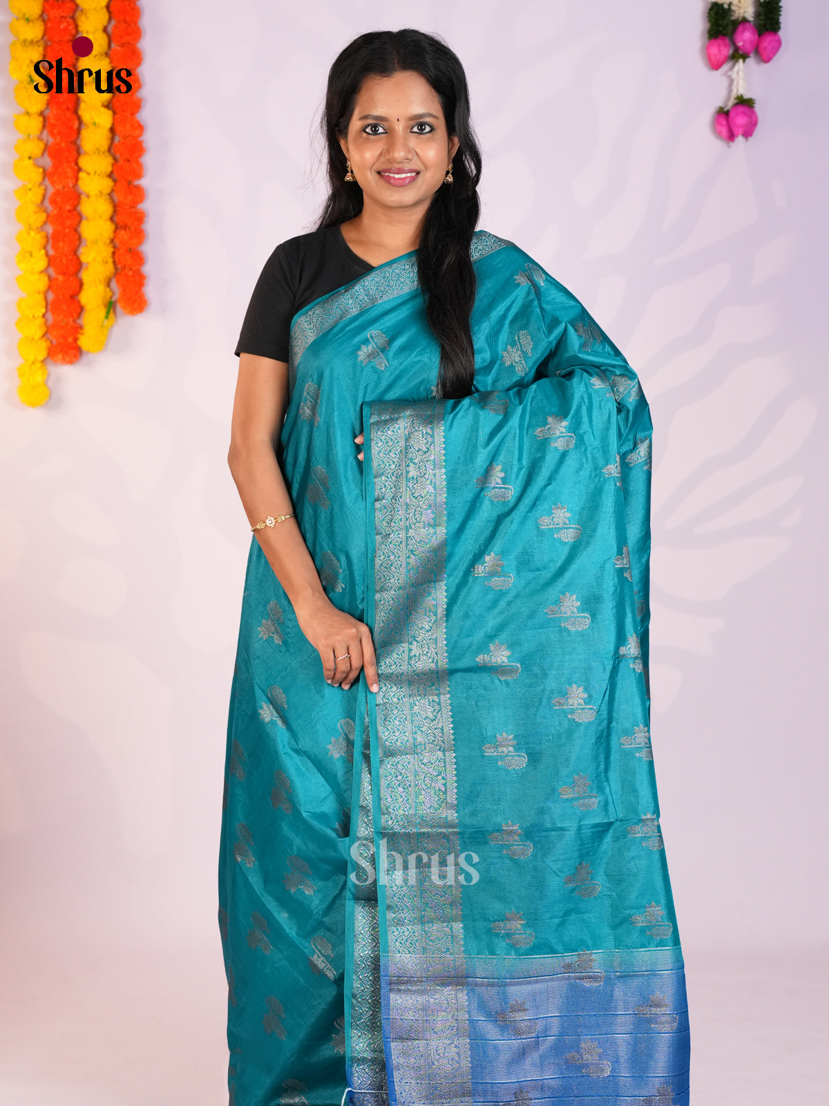 Teal Blue & Blue  - North Silk Cotton Saree-DLS06257