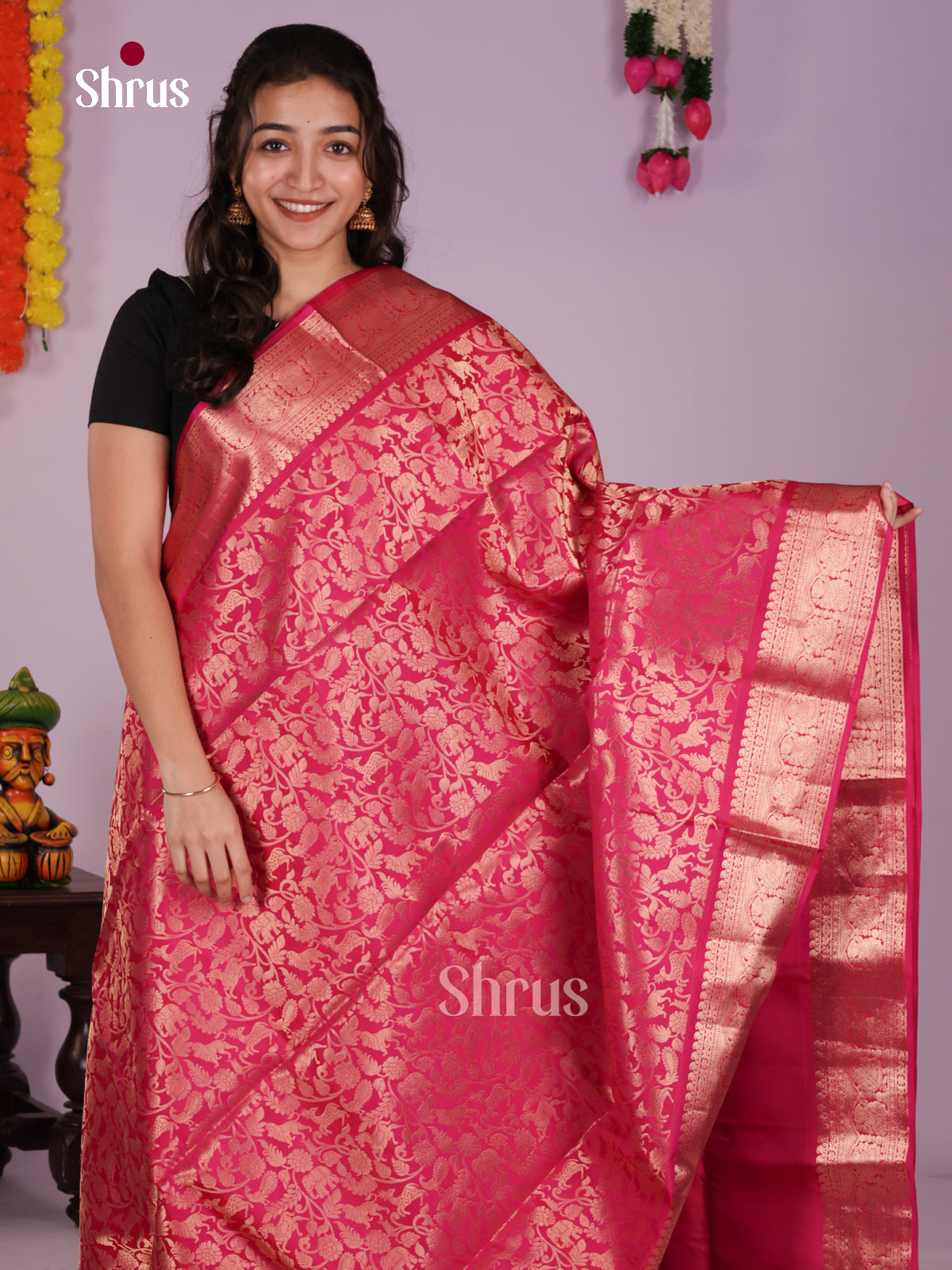 Shimmery Pink Soft Silk Saree with zari vana shingaram floral nestling brocade & zari border