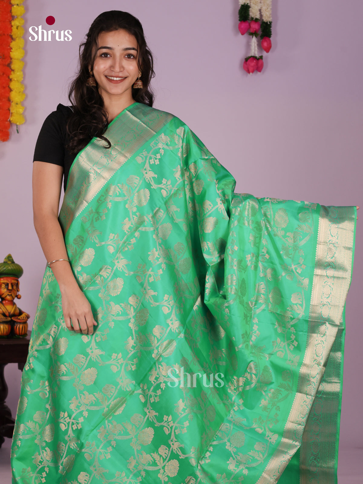 Radiating Pastel Green Soft Silk Saree with zari floral nesting brocade