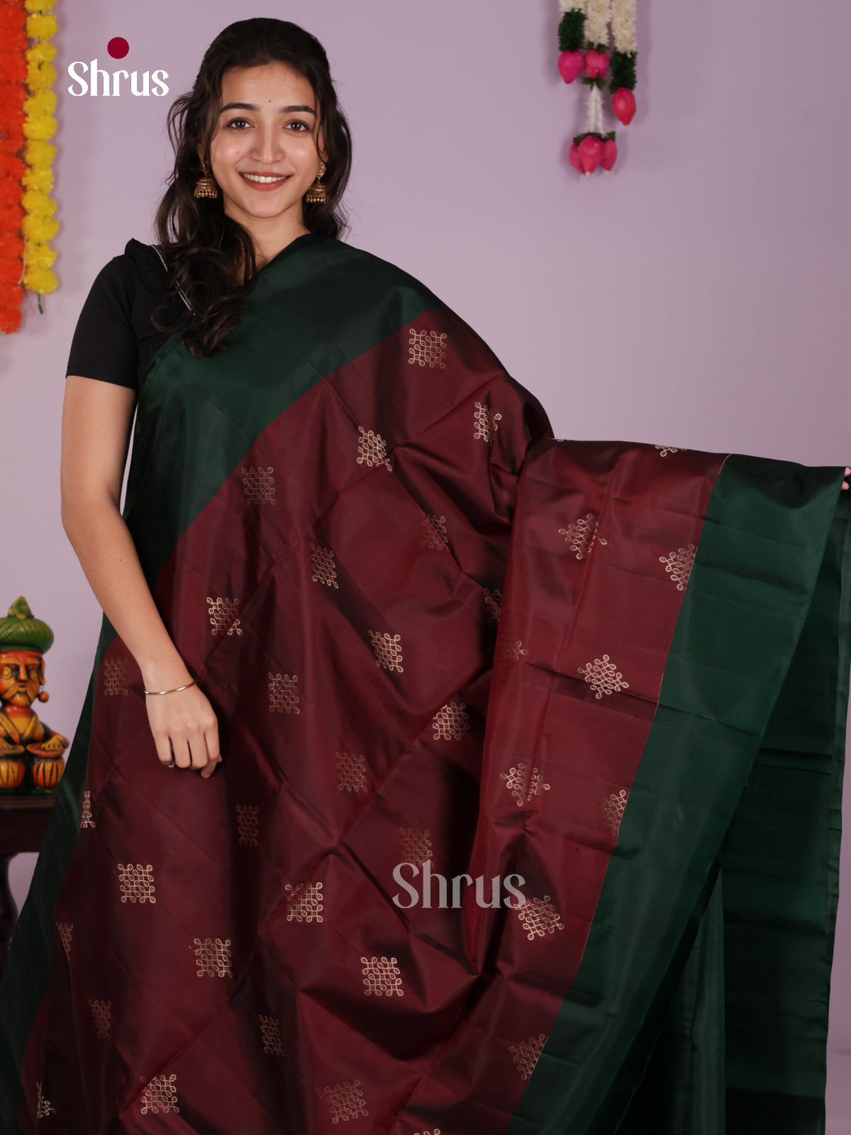 Classy Maroon & Green Soft Silk  Saree with zari kolam buttas & brocade pallu