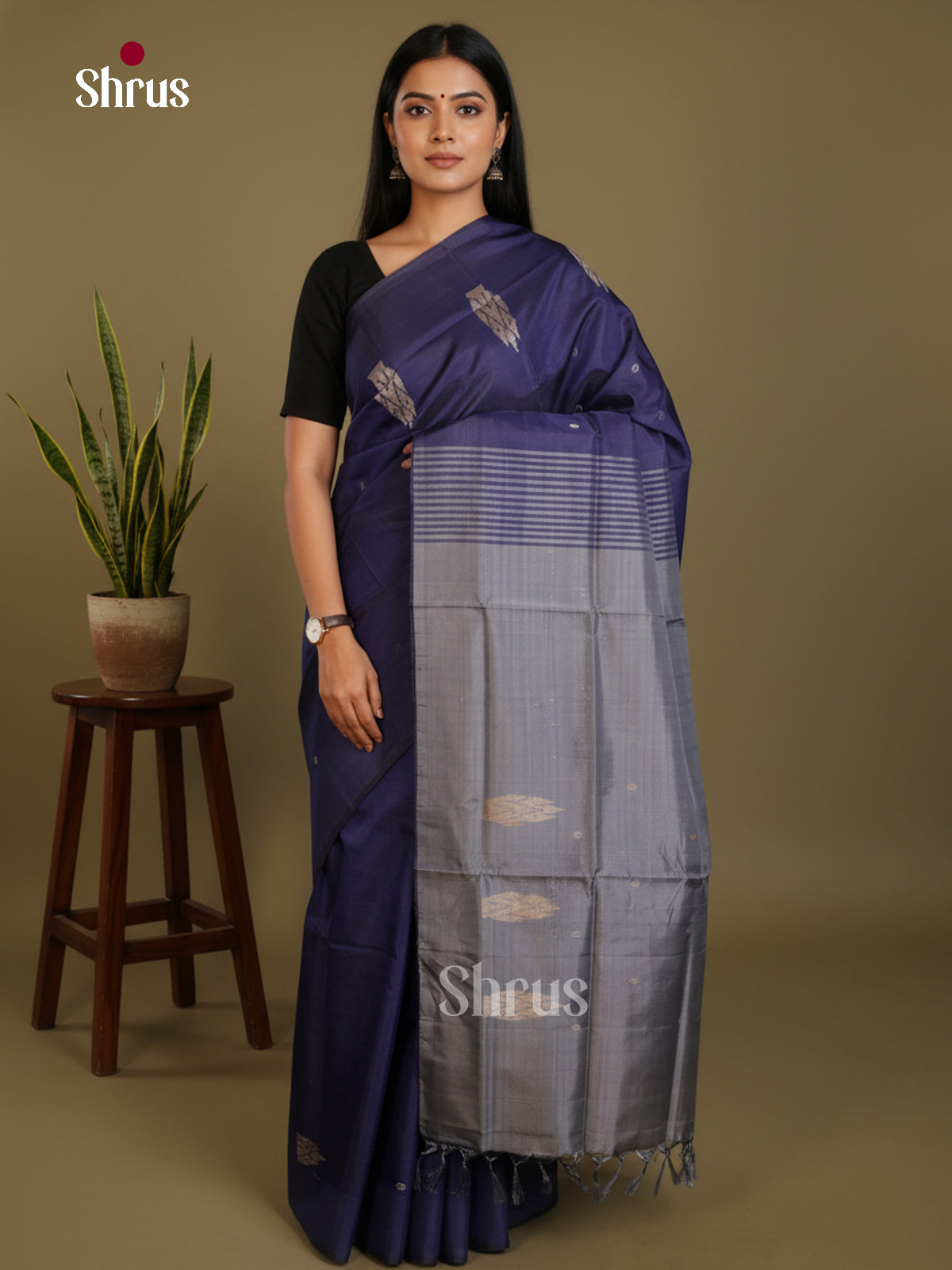 Blue & Grey- Banana Pith without blouse Saree - Shop on Shrus.com
