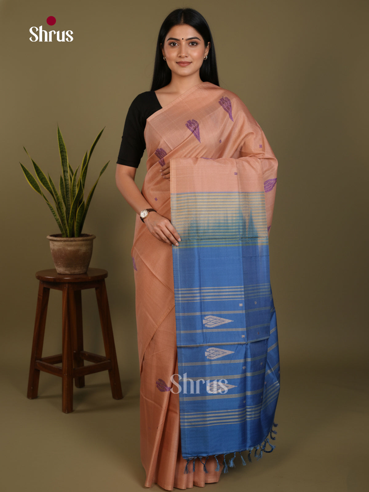 Light Brown & Blue - Banana Pith without blouse Saree
