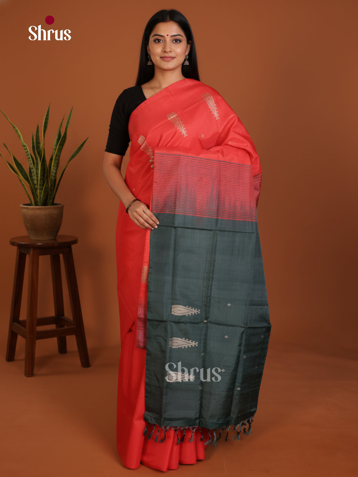 Orange & Green - Banana Pith without blouse Saree