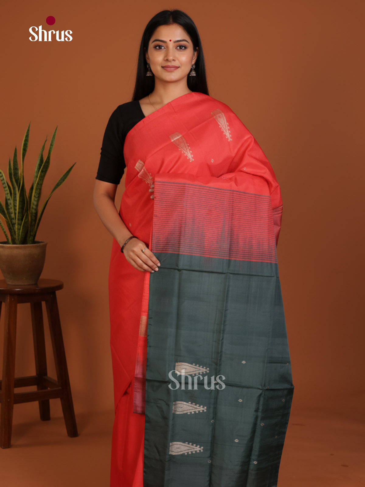 Orange & Green - Banana Pith without blouse Saree
