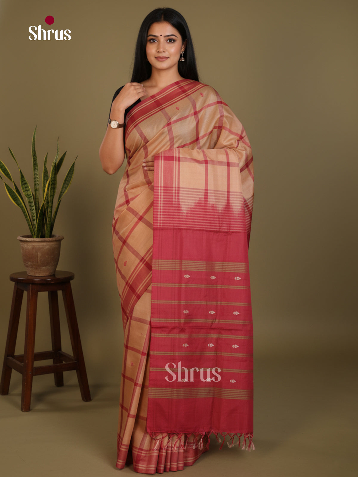 Beige & Maroon - Banana Pith without blouse Saree - Shop on Shrus.com