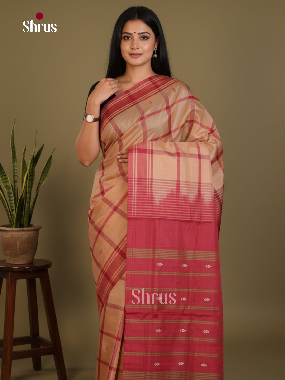 Beige & Maroon - Banana Pith without blouse Saree - Shop on Shrus.com