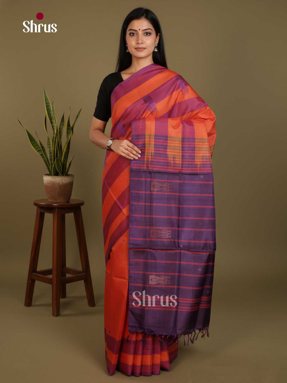 Orange & blue - Banana Pith without blouse Saree