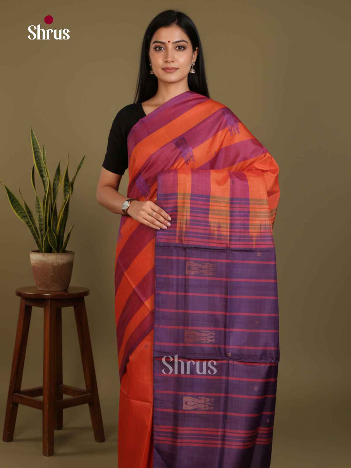 Orange & blue - Banana Pith without blouse Saree