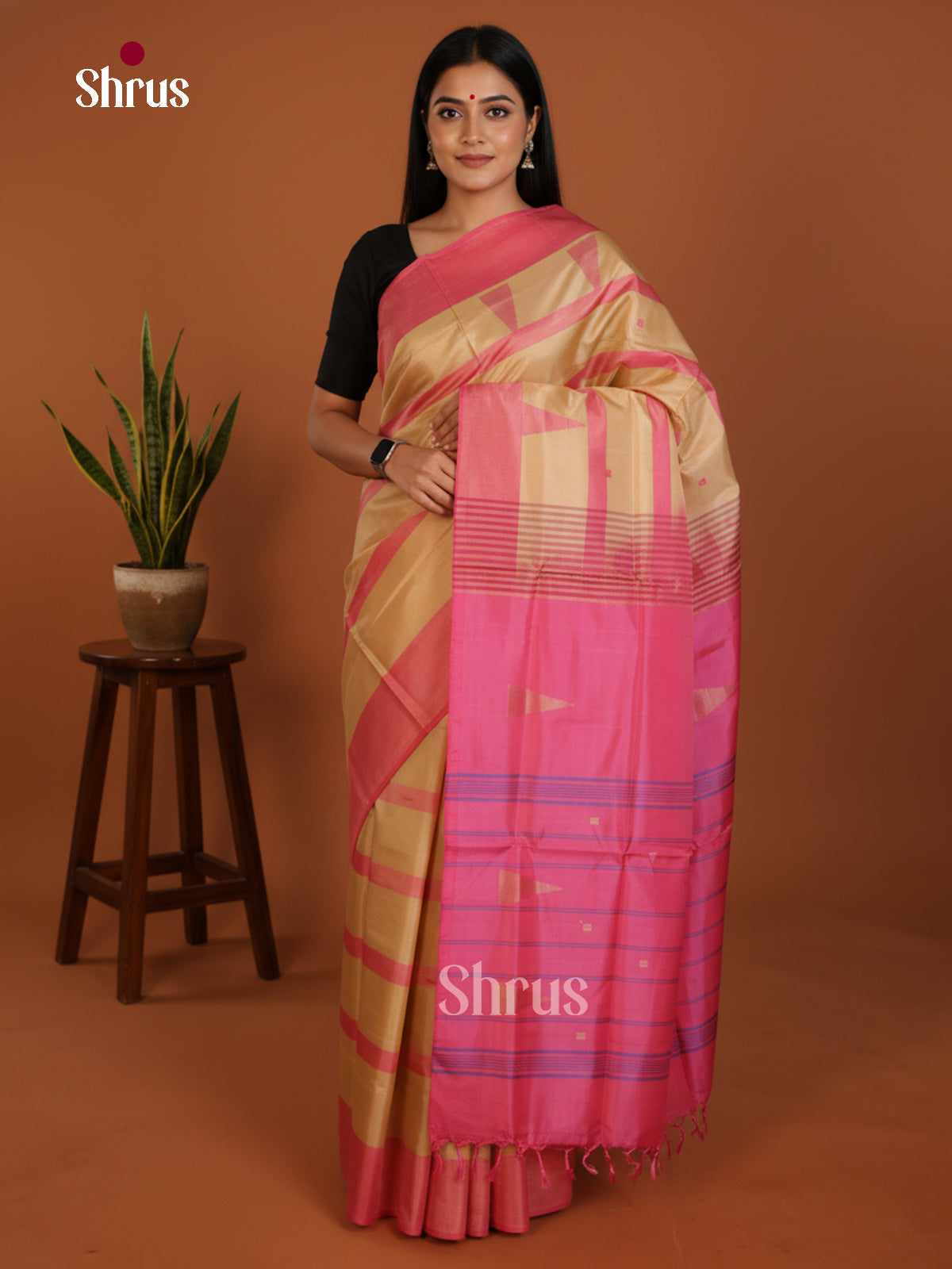Beige & Pink - Banana Pith without blouse Saree