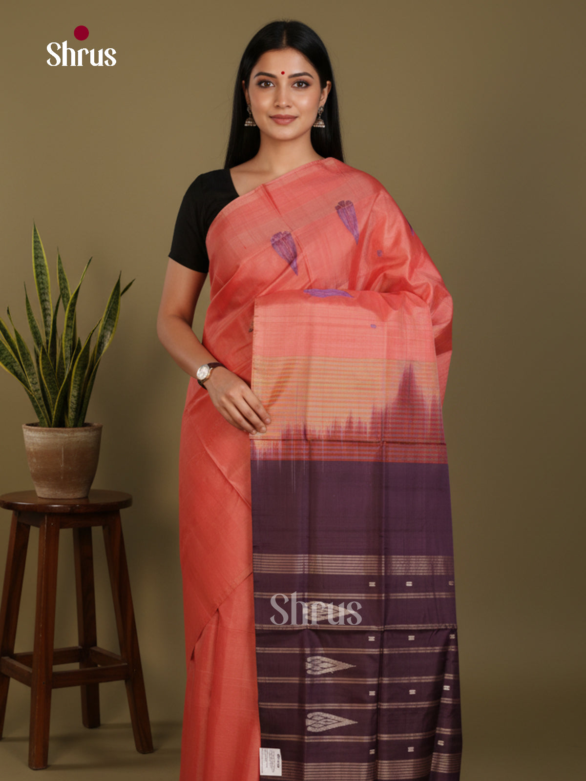 Orangish Pink & Brown - Banana Pith without blouse Saree