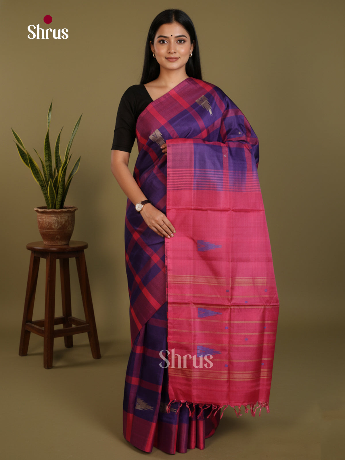 Blue & Maroon - Banana Pith without blouse Saree - Shop on Shrus.com