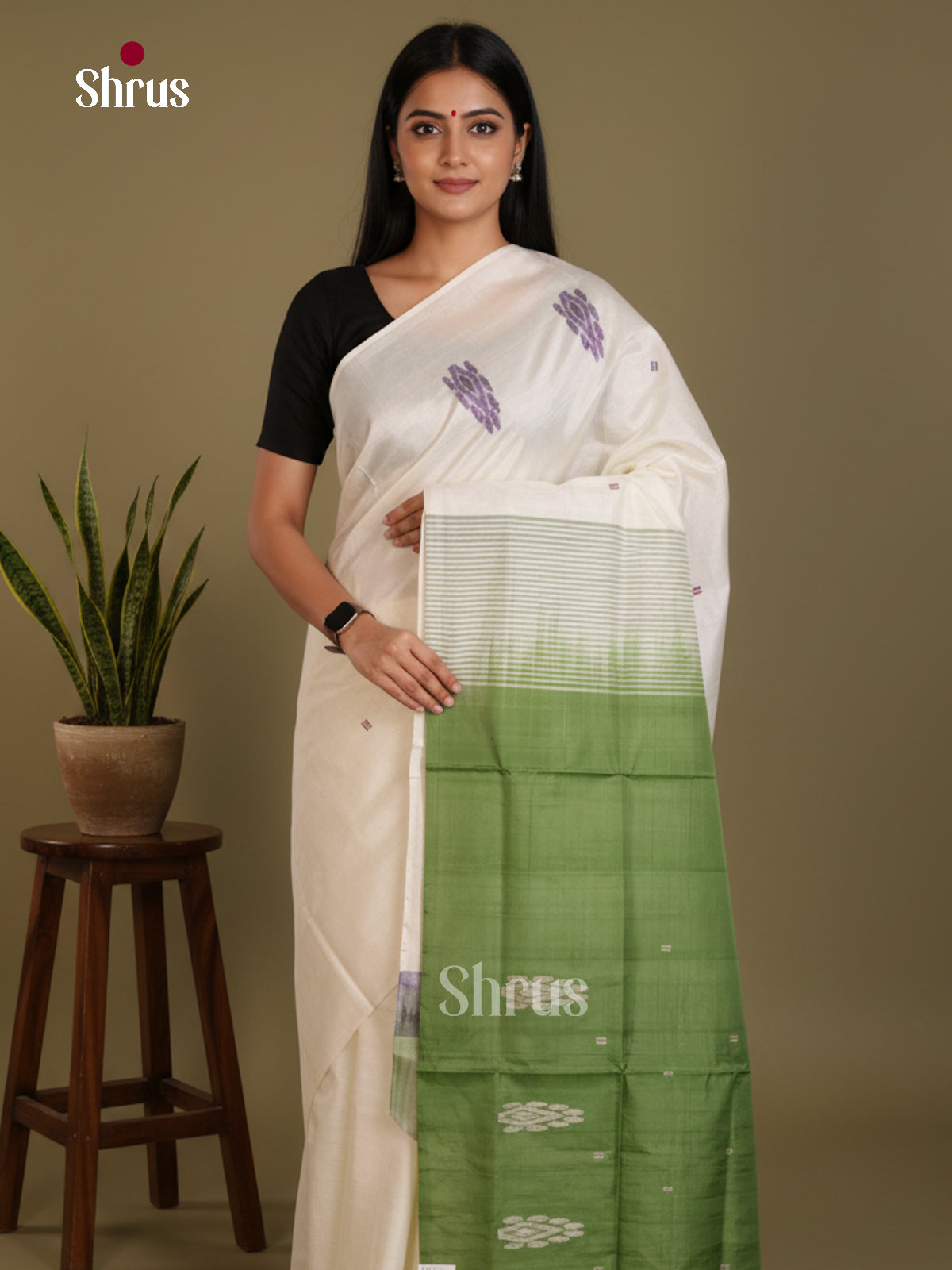 Cream & Green - Banana Pith without blouse Saree