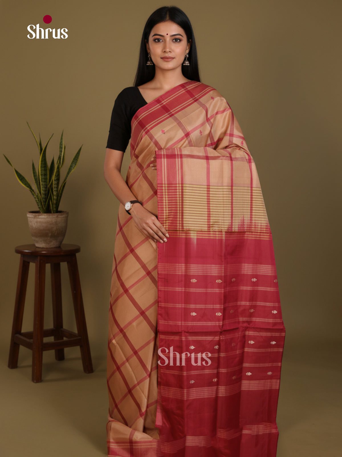 Beige & Maroon - Banana Pith without blouse Saree - Shop on Shrus.com