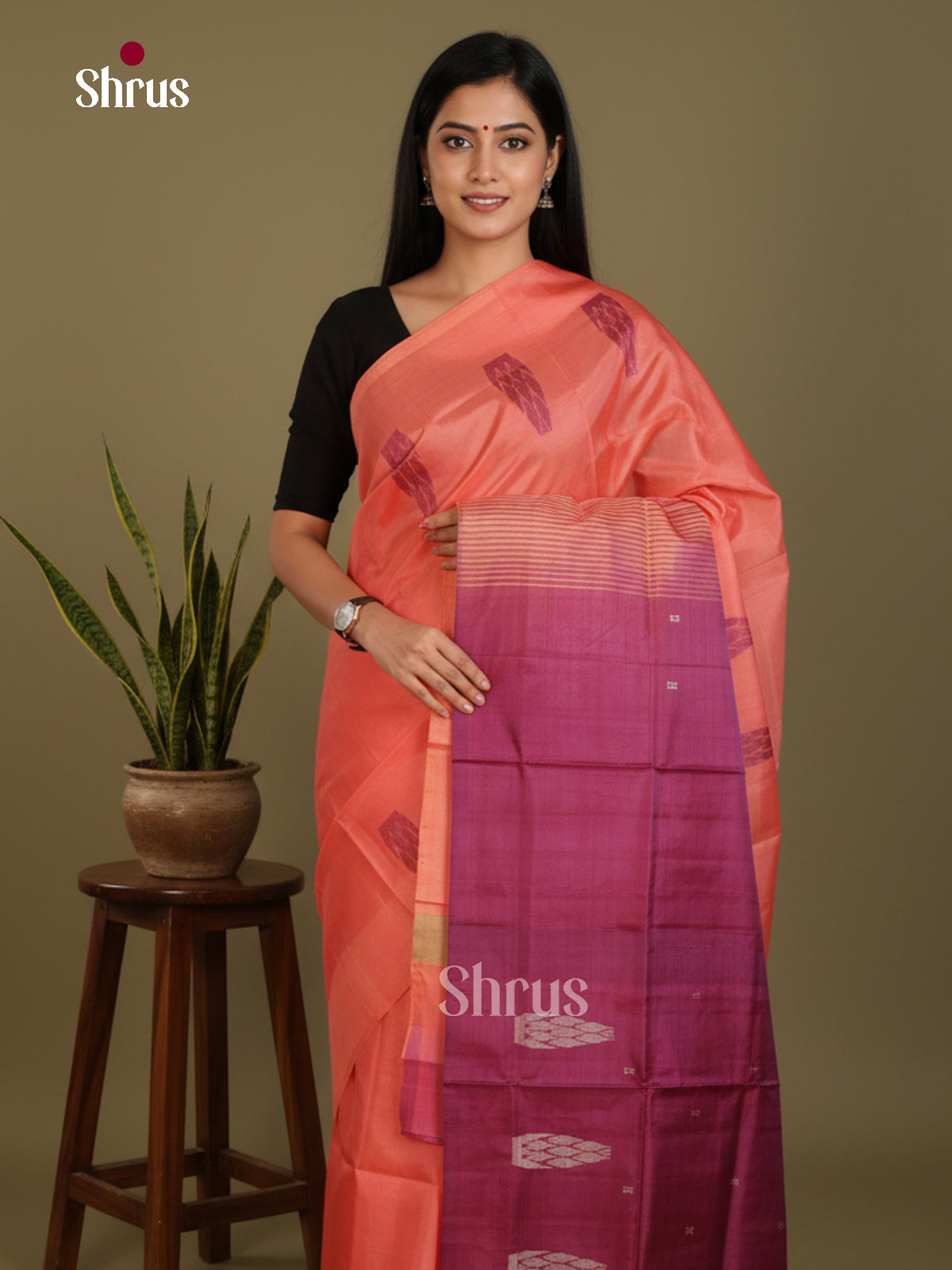 Orange & Purple - Banana Pith without blouse Saree