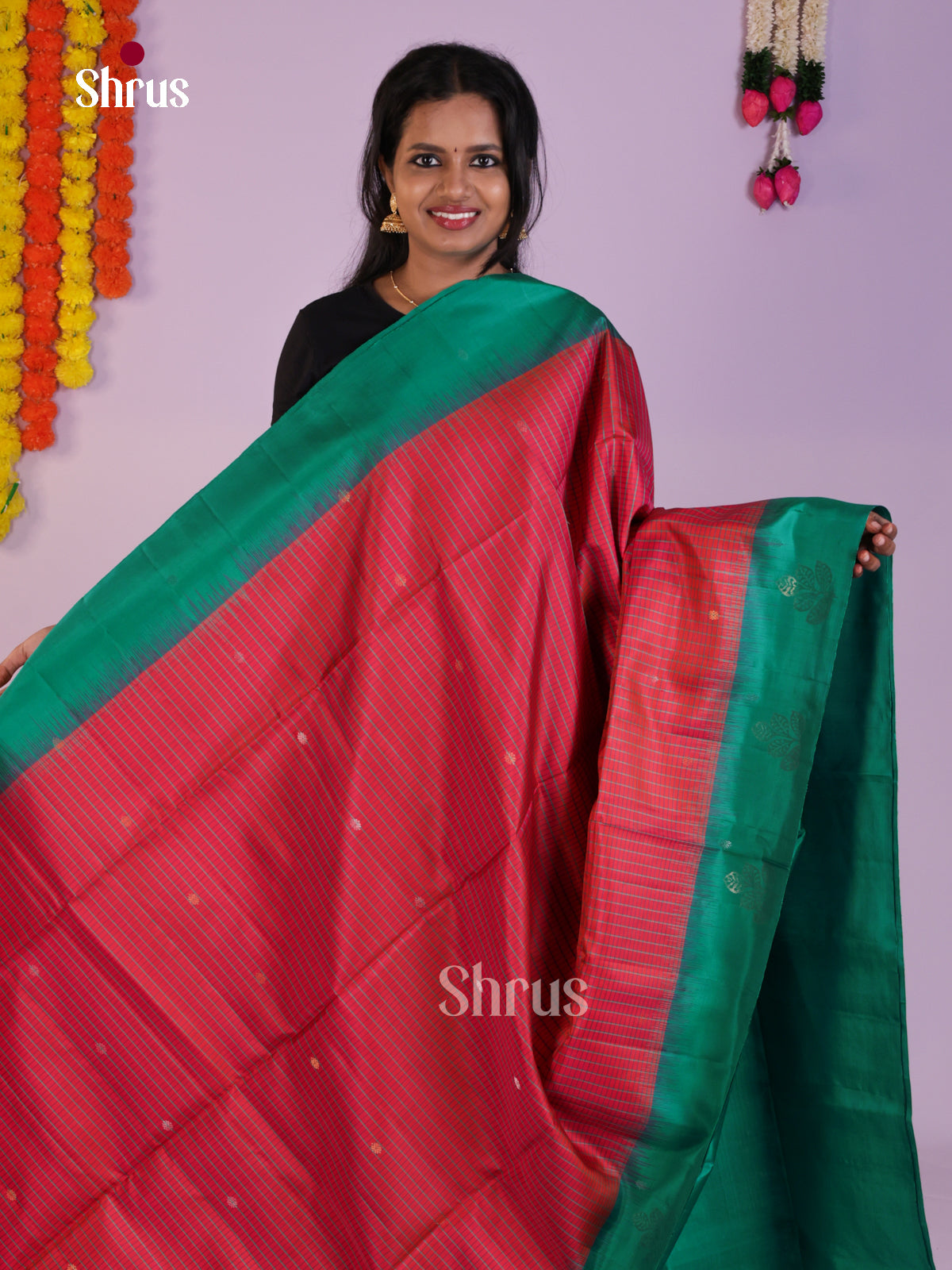 Bright Red & Green Soft Silk Saree with checks, zari buttas , brocade pallu - Shop on Shrus.com