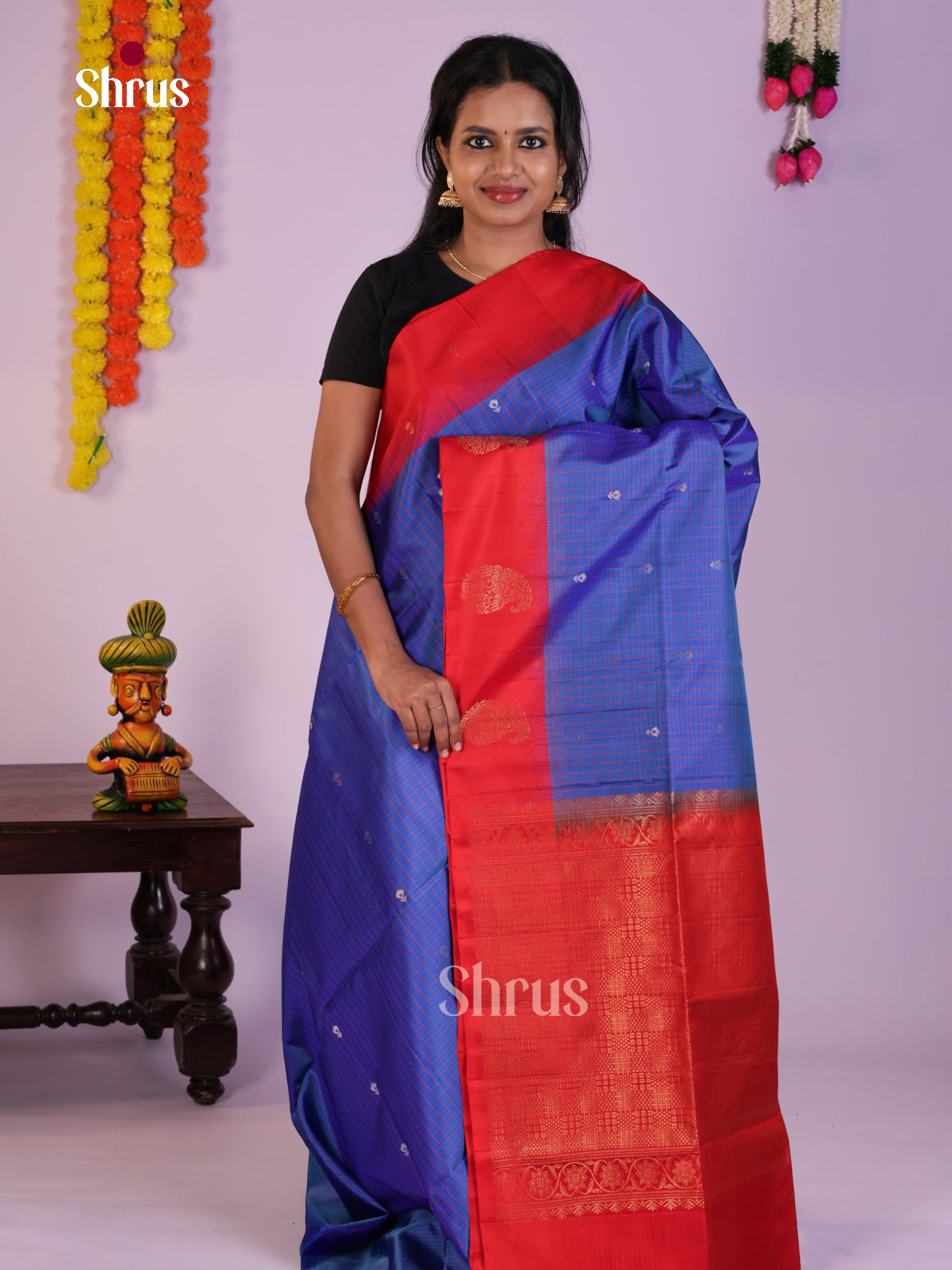 Stunning Blue & Red Soft Silk Saree with checks,buttas - Shop on Shrus.com