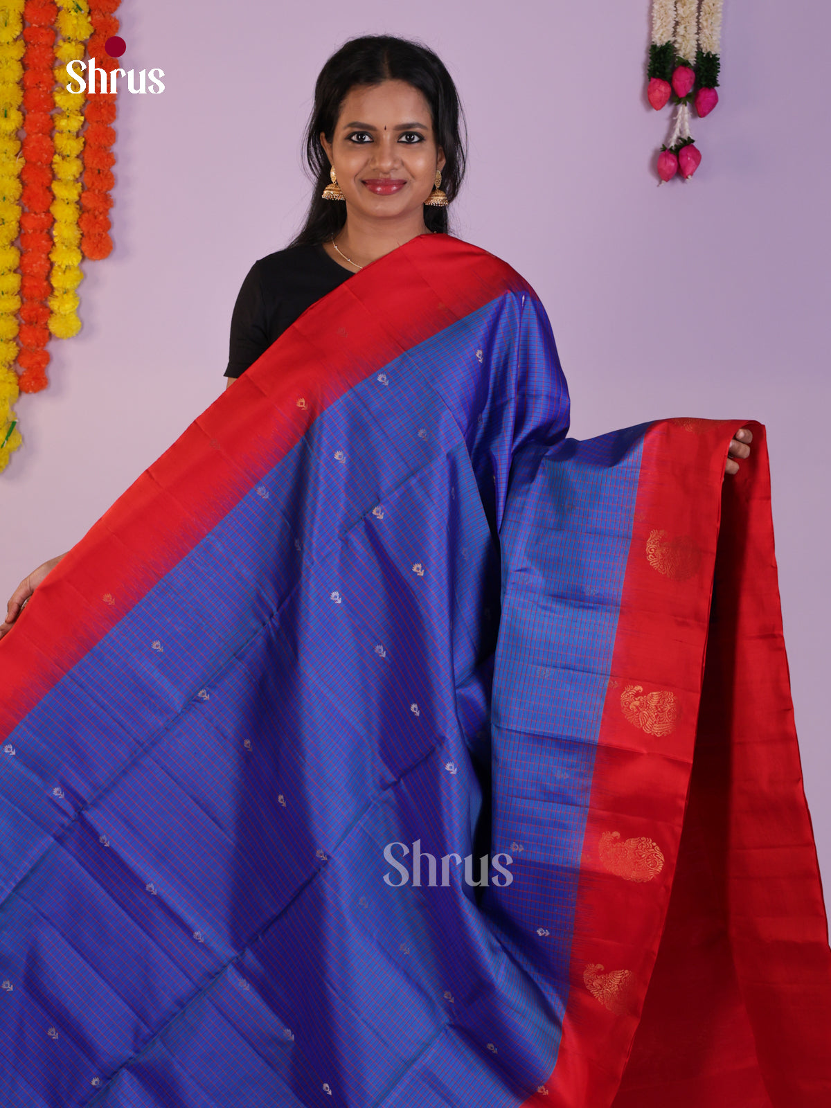 Stunning Blue & Red Soft Silk Saree with checks,buttas - Shop on Shrus.com