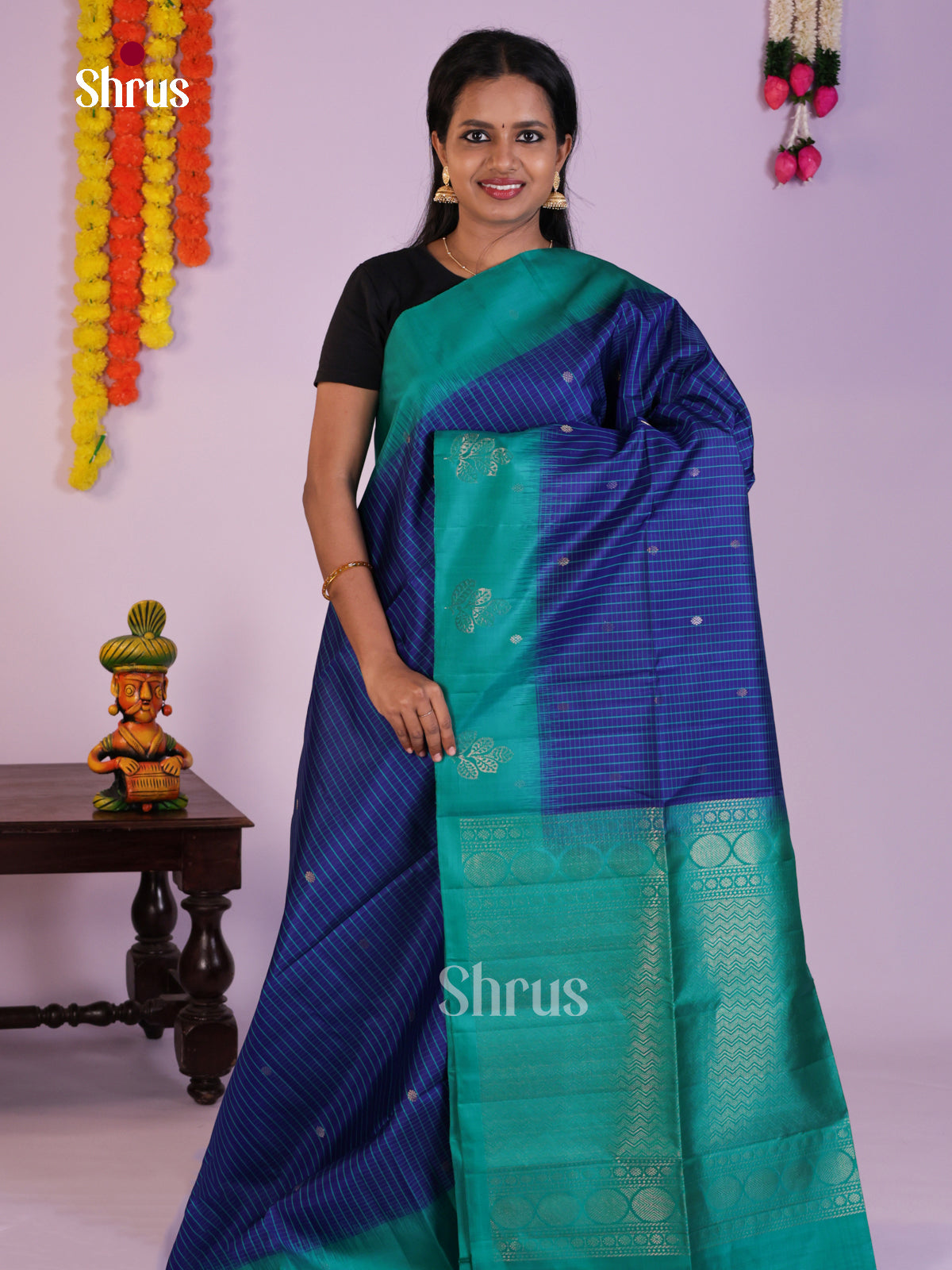 Vibrant Blue & Green Soft Silk Saree with zari buttas & Brocade pallu - Shop on Shrus.com