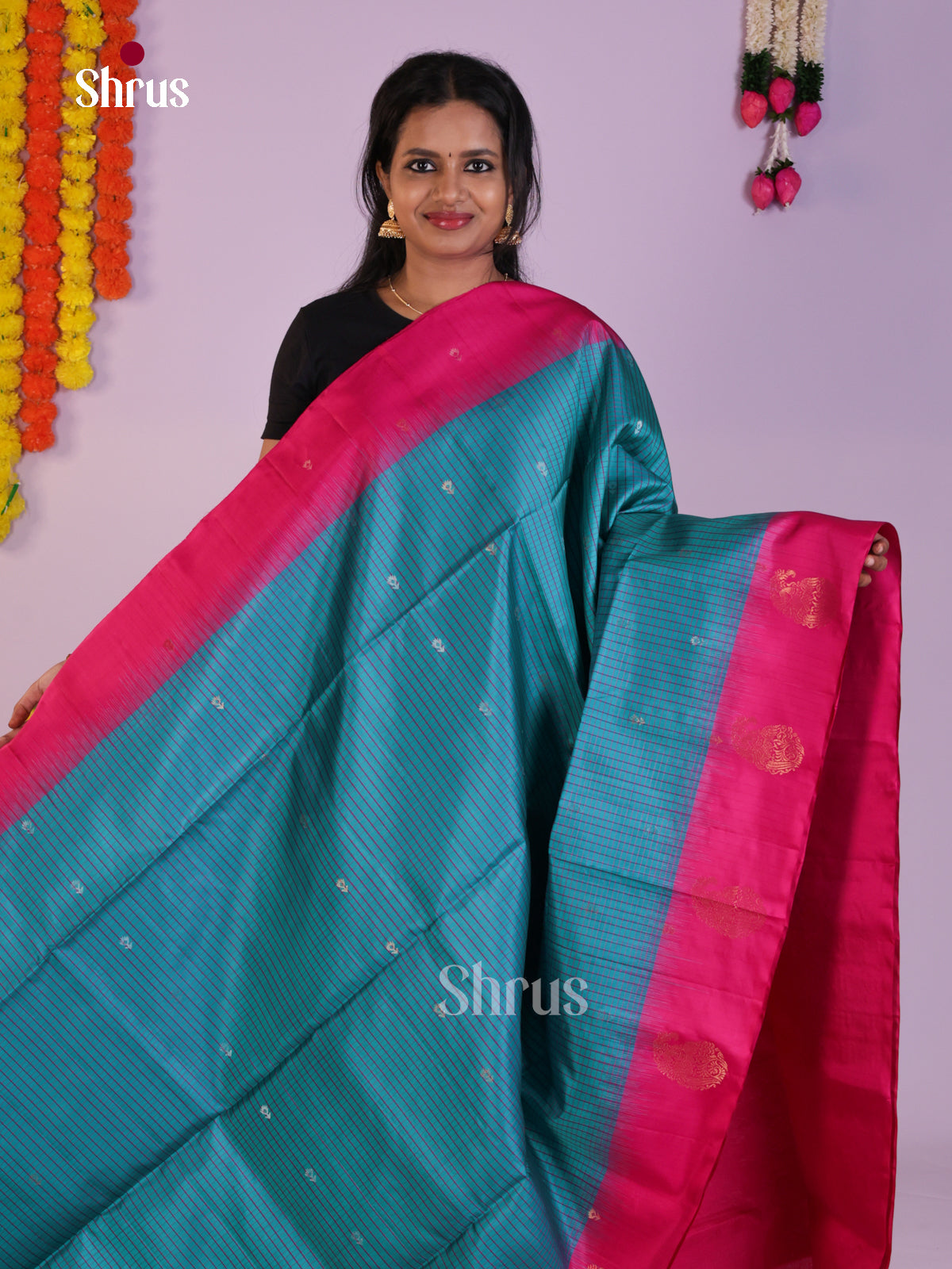 Lustrous Blue  & Pink Soft Silk Saree with checks , zari buttas & brocade pallu