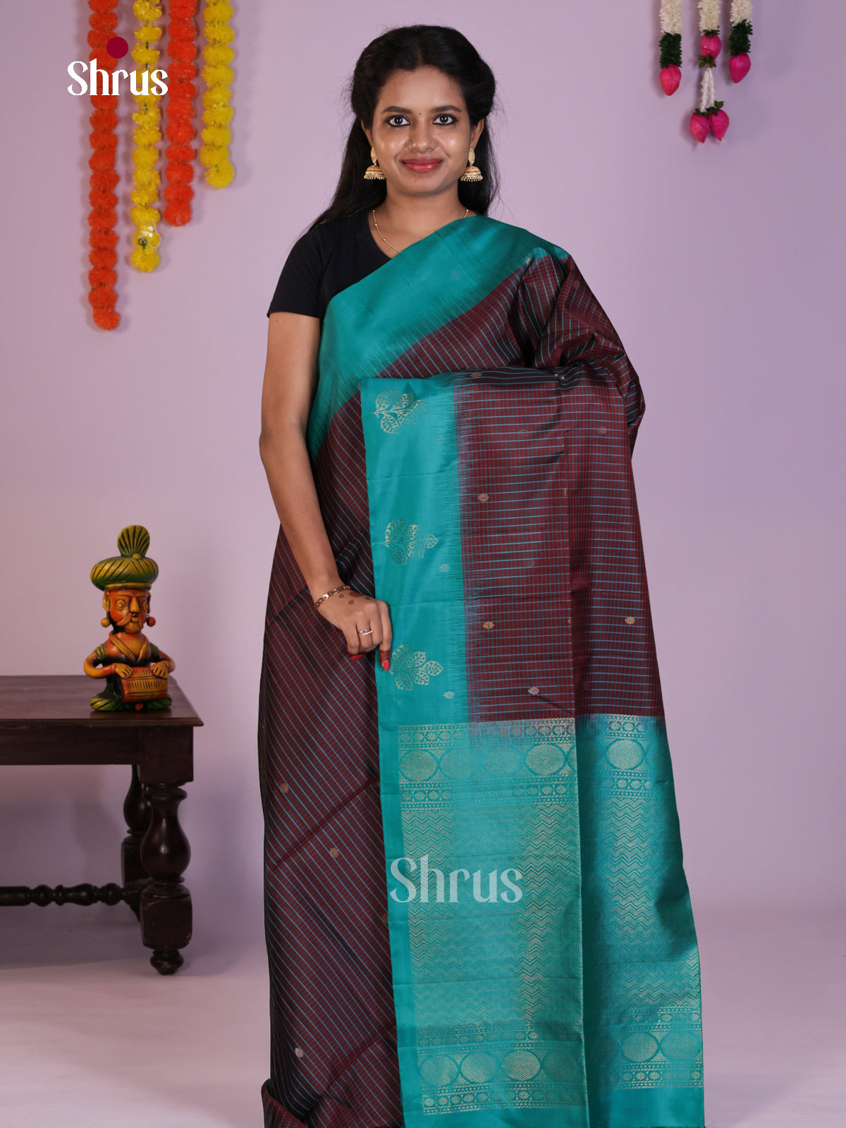 Classy Maroon & Blue Soft Silk Saree with stripes, zari buttas