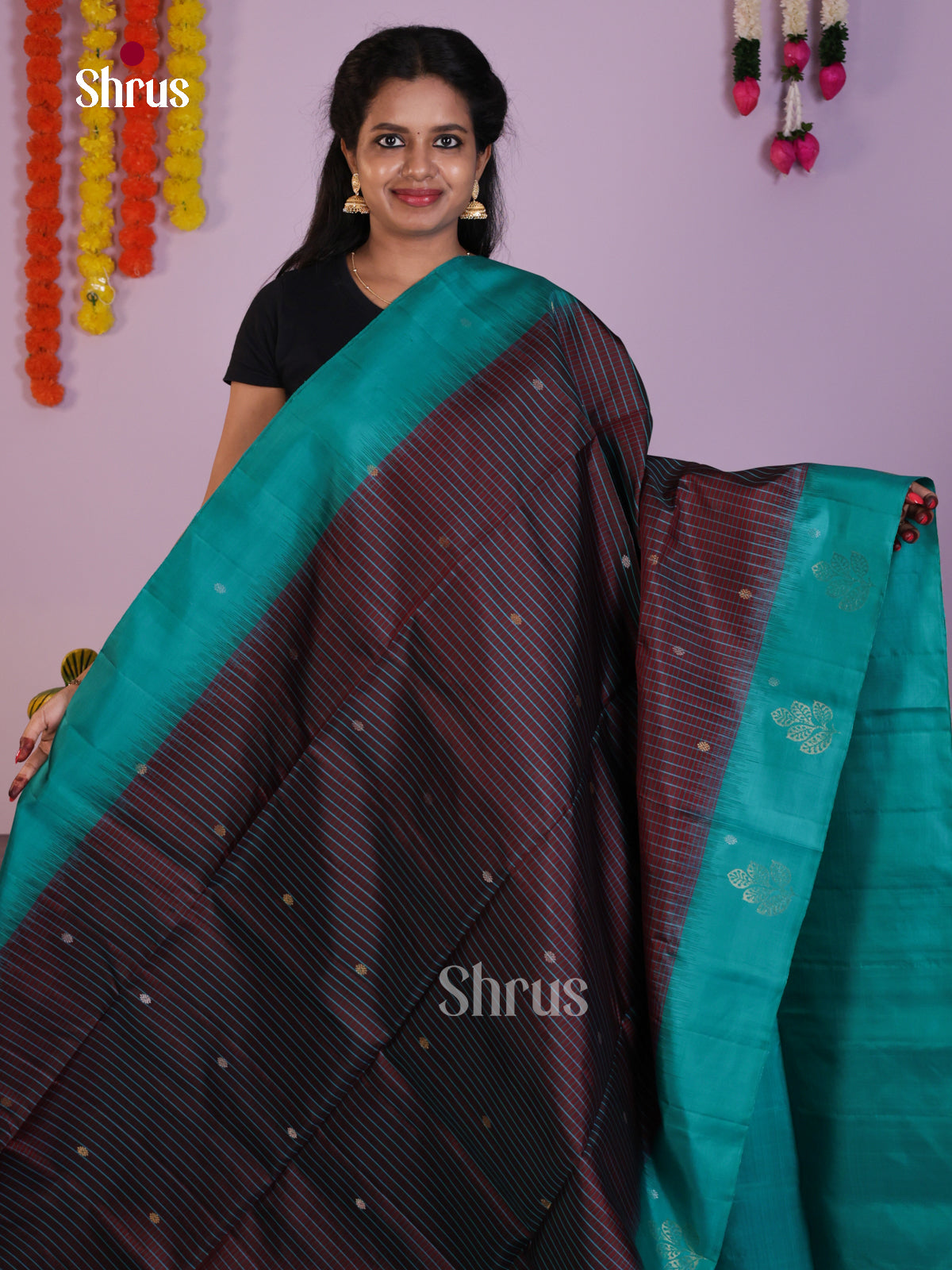 Classy Maroon & Blue Soft Silk Saree with stripes, zari buttas