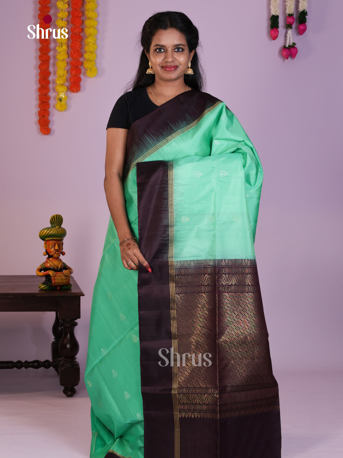 Exquisite Teal Green & Brown  Soft Silk  Saree with zari buttas & brocade pallu - Shop on Shrus.com