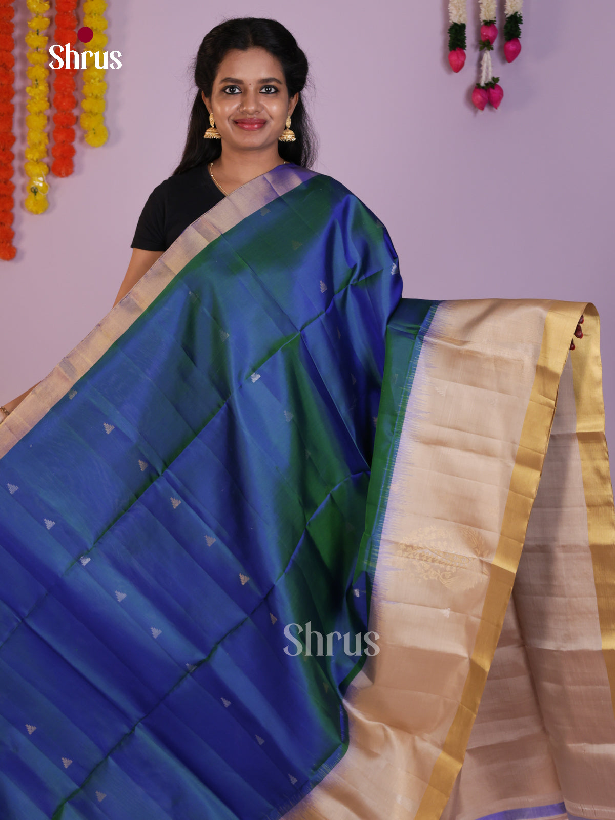 Vibrant Blue & Cream Soft Silk Saree with zari buttas & Brocade pallu - Shop on Shrus.com