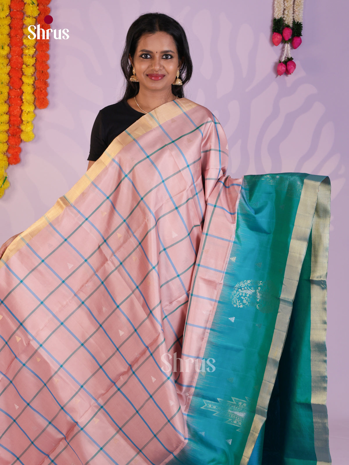 Charming Pink & Teal  Soft Silk Saree with checks & Brocade Pallu