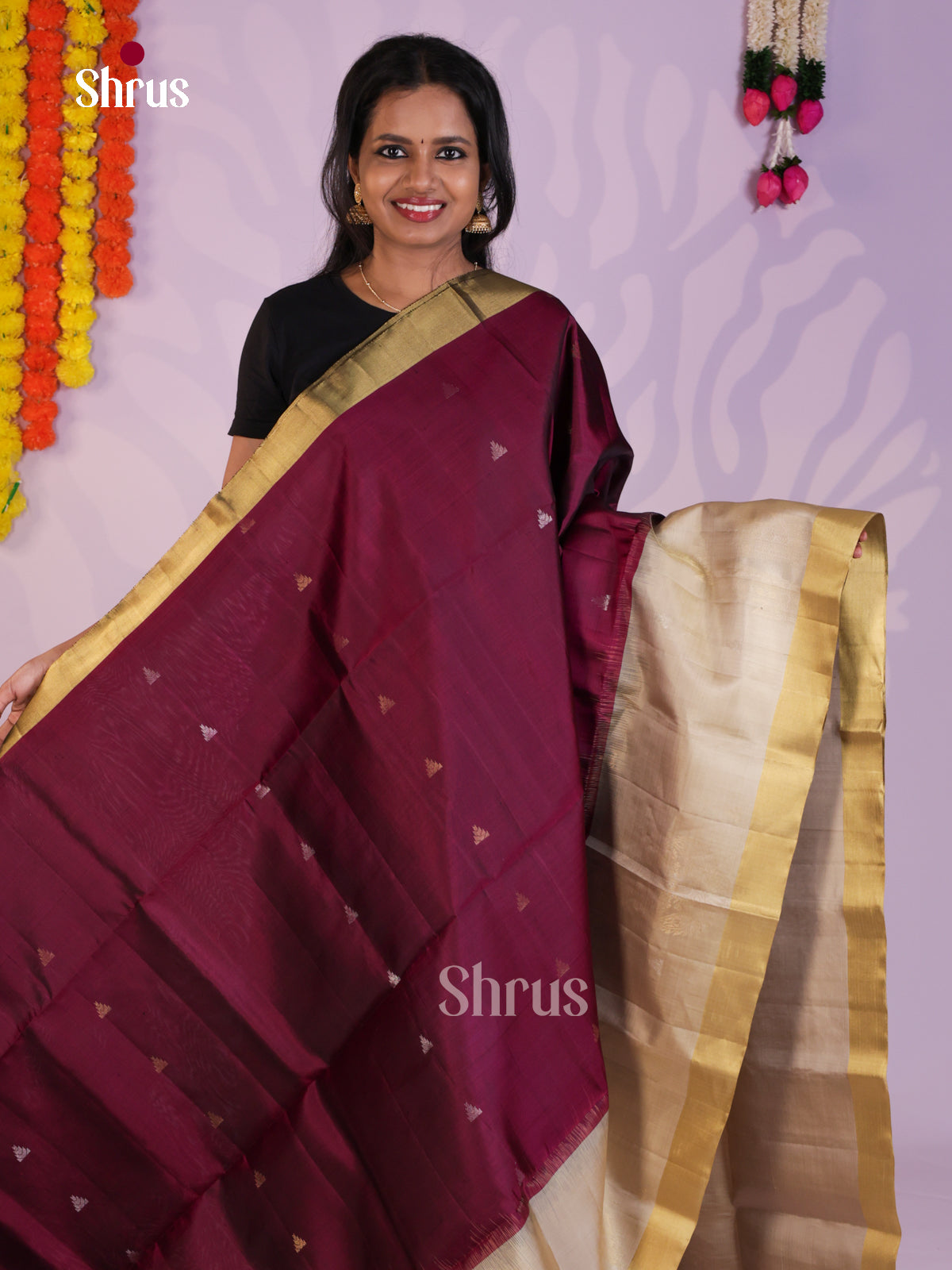 Classy Wine & Cream Soft Silk Saree with zari brocade pallu - Shop on Shrus.com